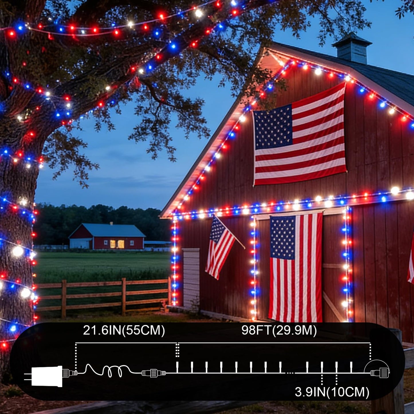 TWINGLEHOME 99ft (30 m) 300 LED String Lights with Clear Wire, 4" Spacing, Multifunctional Lighting Modes (Red, Cool White, Blue), Plug-in for Indoor Holiday, Nation Day