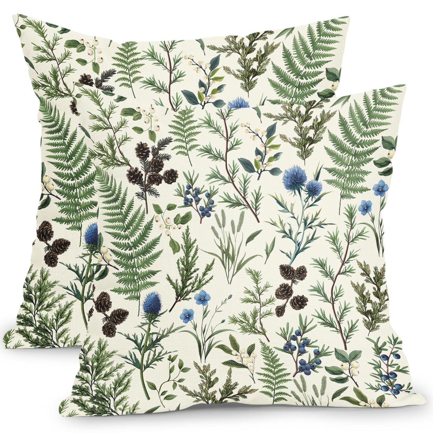Barneova Spring Summer Pillow Covers 22x22 Inch Set of 2 Green Floral Botanical Decorative Outdoor Throw Pillows Farmhouse Flower Pillowcases Cotton Linen Cushion Covers for Couch Sofa Bed Home Decor