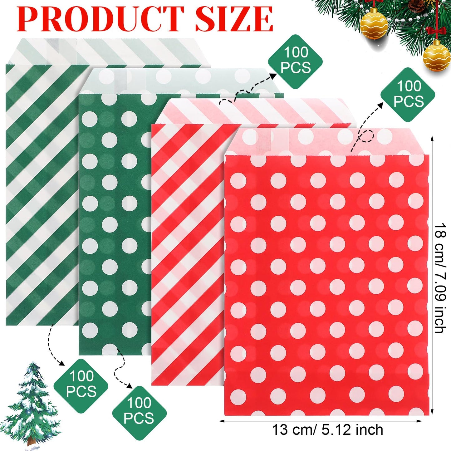 Sweetude 400 Pcs Bulk Christmas Cookie Bags 5 x 7 Inch Small Flat Paper Treat Bags Red Green Dots Stripes Sandwich Candy Buffet Bags for Xmas Holiday Party Favors
