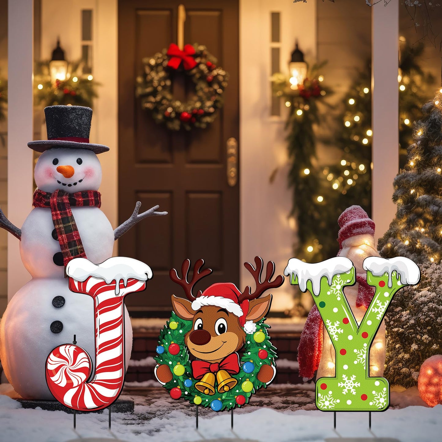 MorningRo 3 Pcs Metal Christmas Joy Yard Signs Outdoor Waterproof Candy Cane Elk Snowflakes Christmas Yard Sign with Stakes for Outside Porch Patio Lawn Garden Pathway Xmas Holiday Winter Decoration