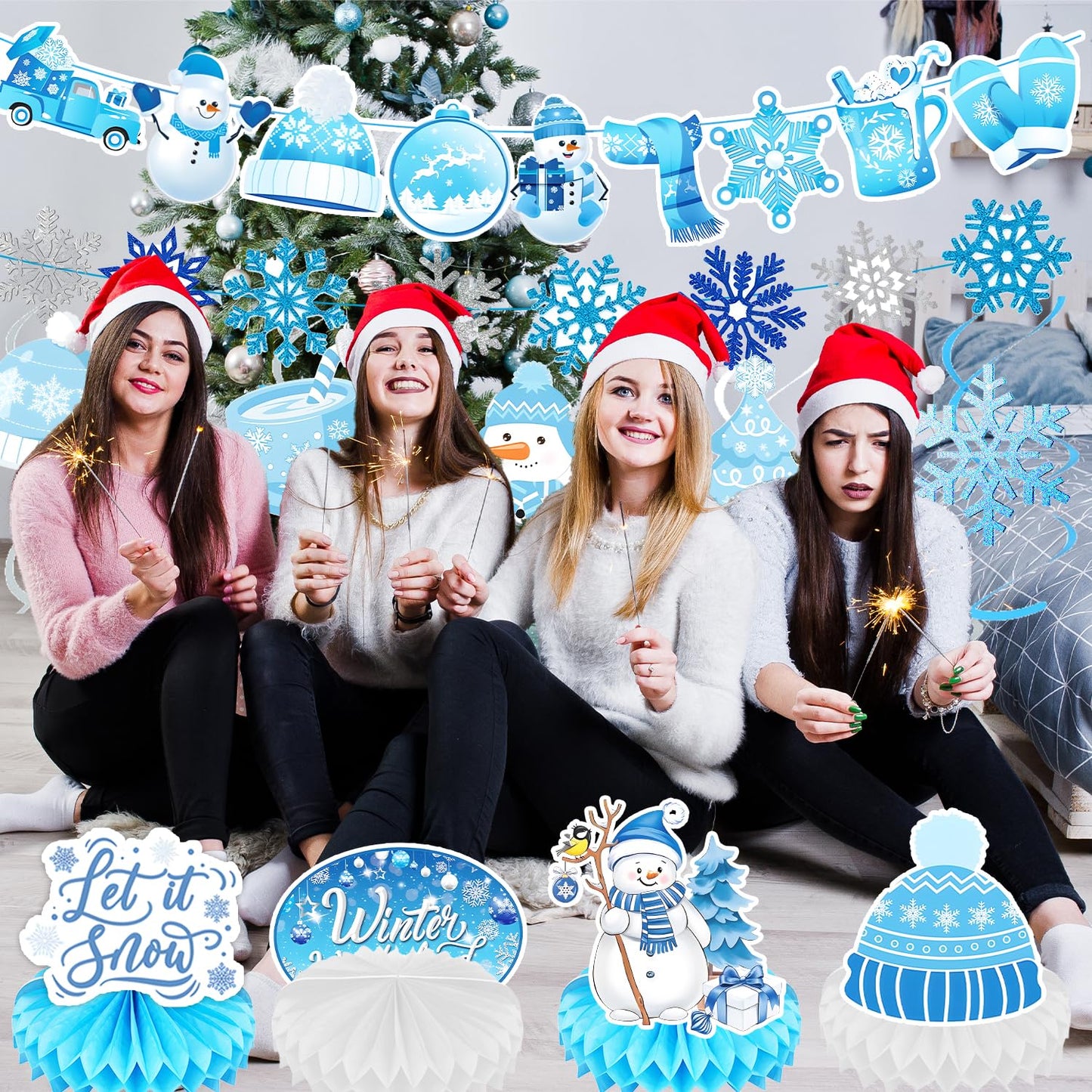 Winter Wonderland Party Decorations Winter-Themed Banner Snowflake Snowman Table Centerpieces Snowflake Frozen Ceiling Hanging Streamers for Wonderland Frozen Winter It's Snowing Party Supplies