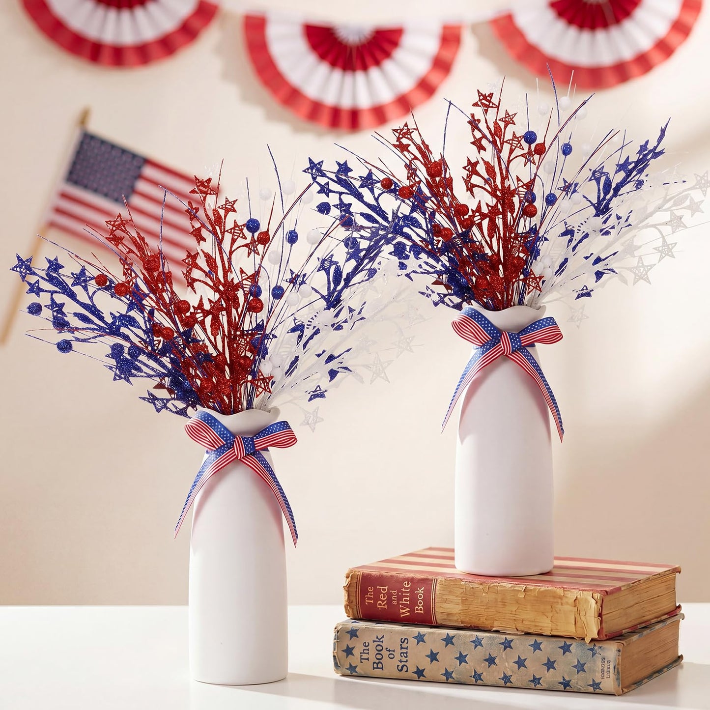 Weysat 4th of July Decorations 2 Sets Artificial Flowers and Vase Red Blue White Patriotic Flowers Memorial Day Floral Arrangement for 250th Anniversary Home Outdoor Table Decor(Star)