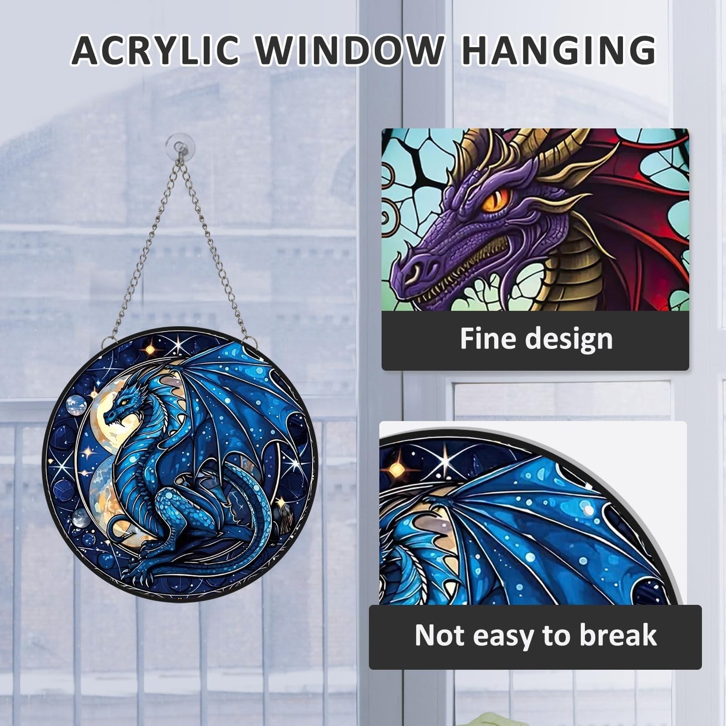 MATIHAY Cartoon Dragon Acrylic Window Hanging Ornament, Moon Dragon Wall Art Decor for Bedroom Birthday Party Supplies Halloween Christmas Decoration (Blue, 11.8"/30cm)