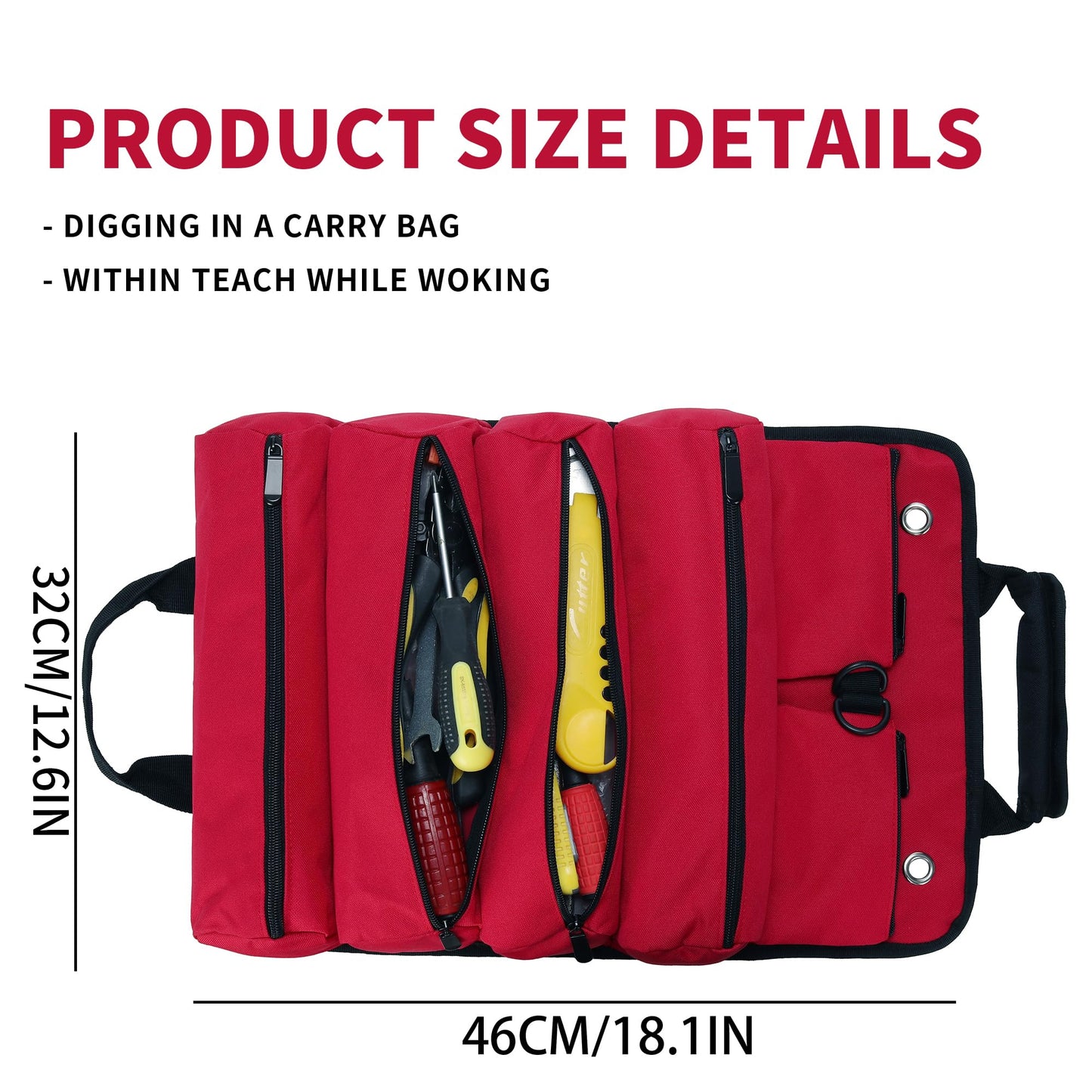 W WINTMING Tool Roll Bag, Tool Bag Organizer, Tool Carrier Roll UP Storage Pouches with 6 Zipper Pockets & Strap, Gifts for Men Mechanic Electrician Hobbyist (Red)
