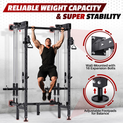Folding Squat Rack, Wall Mounted Power Rack with Cable Crossover Machine & LAT Pull Down Multi-Function Space-Saving Power Cage with 7 Adjustable Modes/Dual Pulley System/Pull-up Bar/360°Landmine