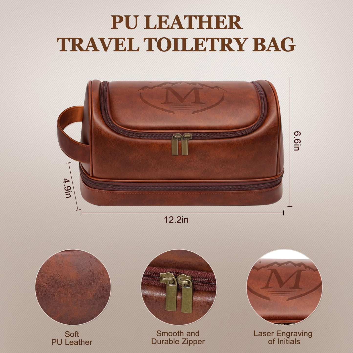 Ecttunafe Personalized Gifts Travel Toiletry Bag for Men, Engraved Monogrammed Initial PU Leather Waterproof Shaving Bag with Hook, Best Birthday Gifts Choice for Men Dad Husband Groomsmen Adults,M