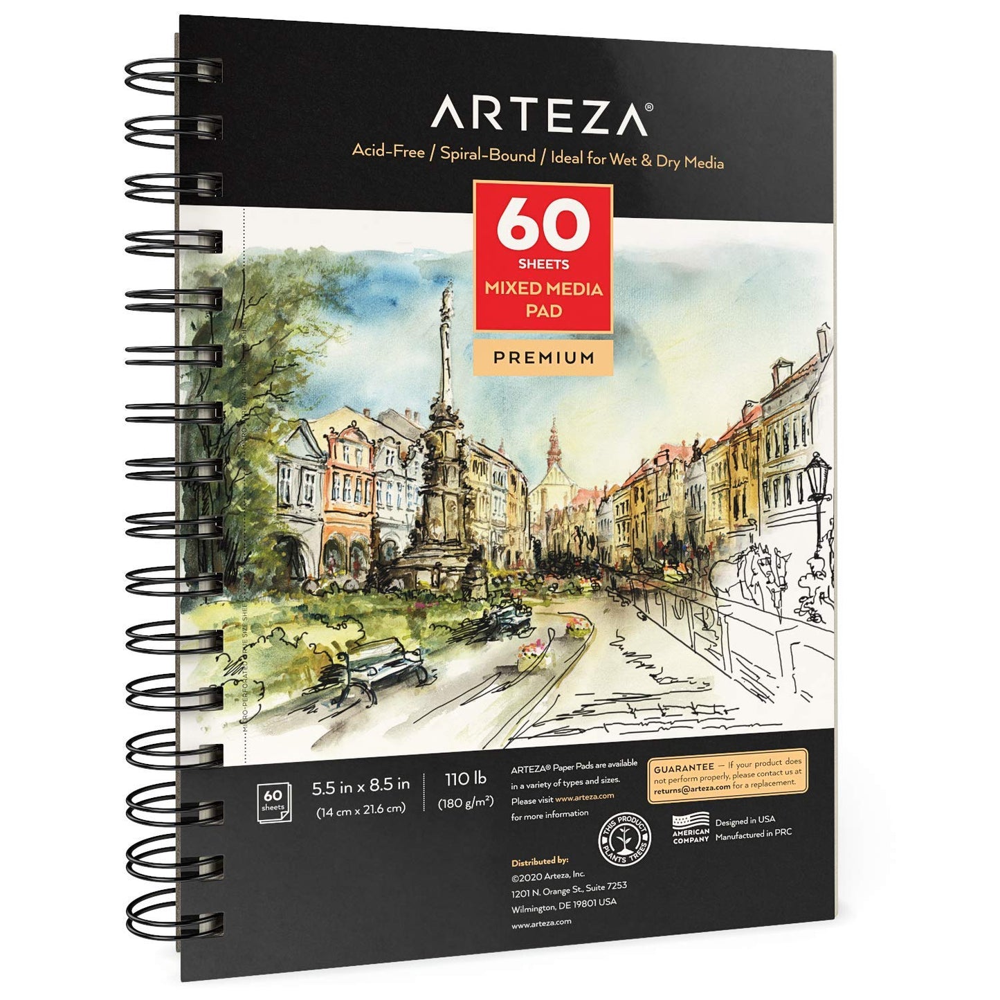 ARTEZA Mixed Media Sketchbook, 5.5 x 8.5 Inches, Pack of 1, 60 Sheets, Micro-Perforated Spiral-Bound Paper Pad for Wet and Dry Media