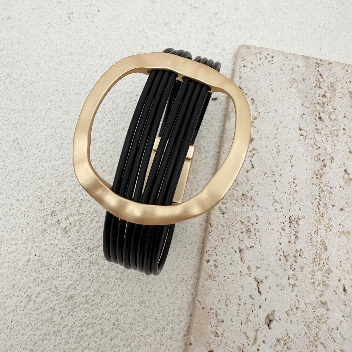 YYWANGART Gold and Black Leather Bracelet Large Disk Bangle Minimalist Multi Strand Leather Wrap Bracelet for Women