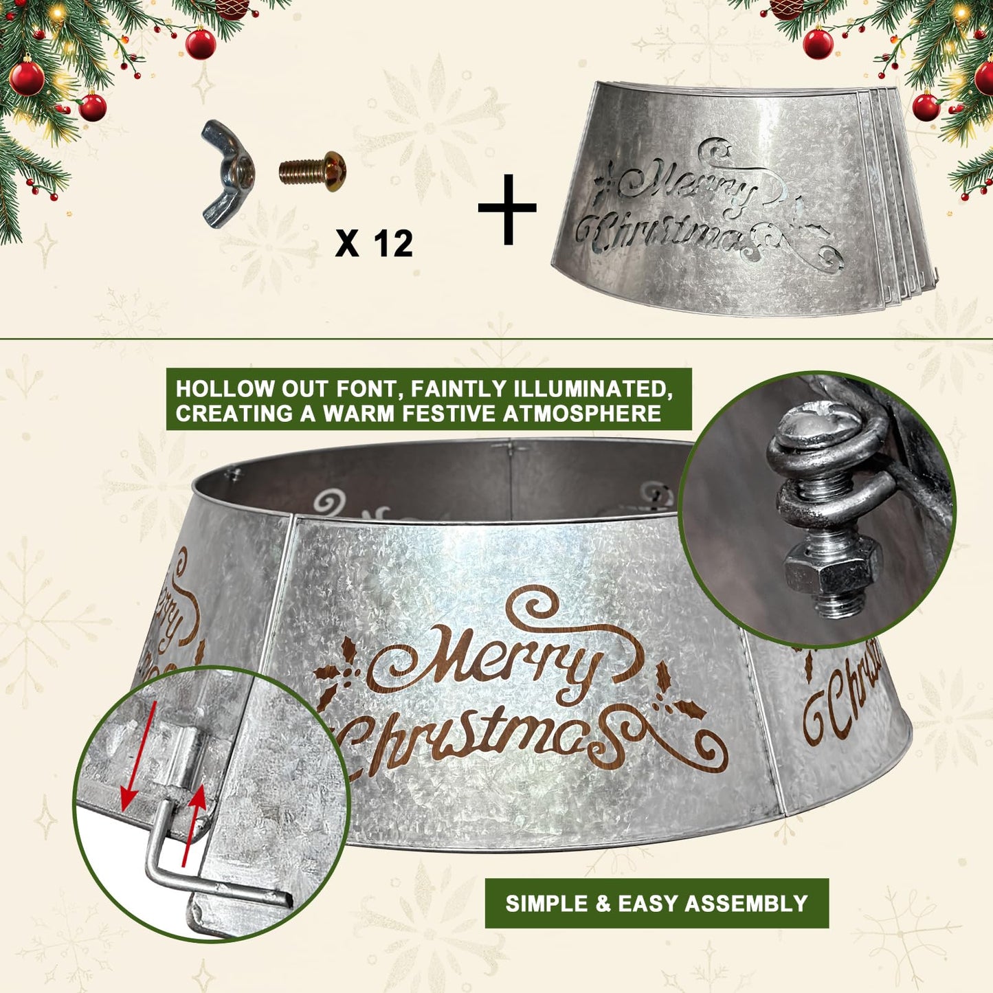 WKHOMEDECO 35.5" Large Metal Christmas Tree Collar - Christmas Tree Collars for Artificial Trees, Metal Tree Collar with Laser-Cut Merry Christmas Pattern,Extra Wide Adjustable & Pet-Safe (Galvanized)