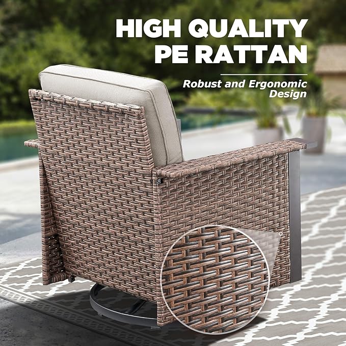 5 Pieces Outdoor Patio Furniture Set-High Back Wicker Patio Swivel Glider Chairs with 2 Multifunctional Ottoman and Glass Side Table, Outdoor Patio Conversation Sets for Porch Deck Brown/Beige