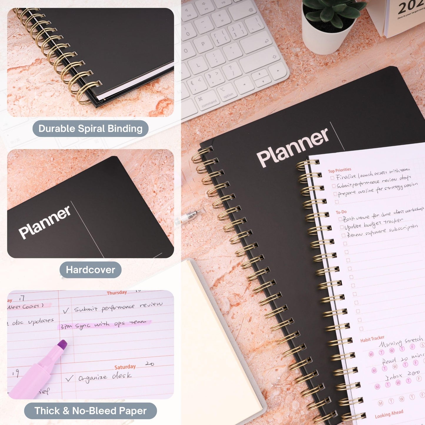 Undated Weekly Planner, 8.5x11” – Dashboard Layout with Yearly Review, Monthly Calendars, & Weekly To Do List, Spiral Bound Organizer for Work, Study & Life (Black)