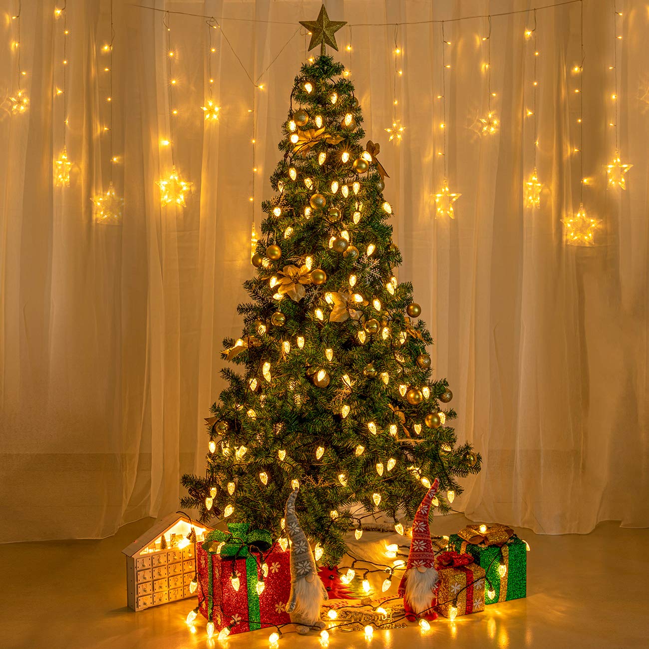 AWQ 100LED 81 FT C9 Christmas String Lights Plug in Fairy Twinkle String Lights 8 Modes Timer Function Waterproof Extendable for Indoor Outdoor Wedding Party Christmas Decoration (100, Warm White)