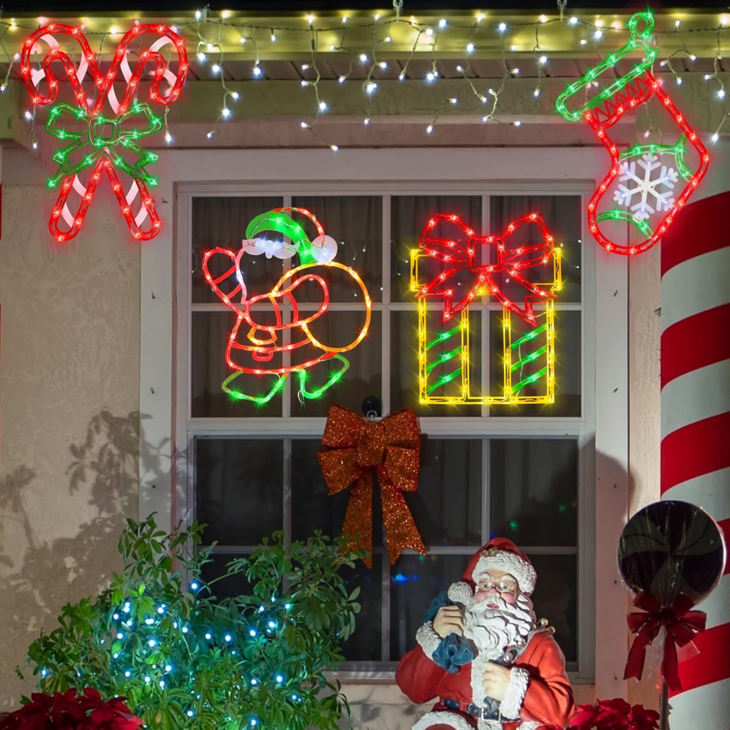 TRWYMZ 16" Christmas Window Silhouette Lights - 4 Pack Colour Lighted Christmas Stocking & Candy Cane & Gift Box & Santa for Holiday Indoor and Outdoor Wall Door Window Decorate