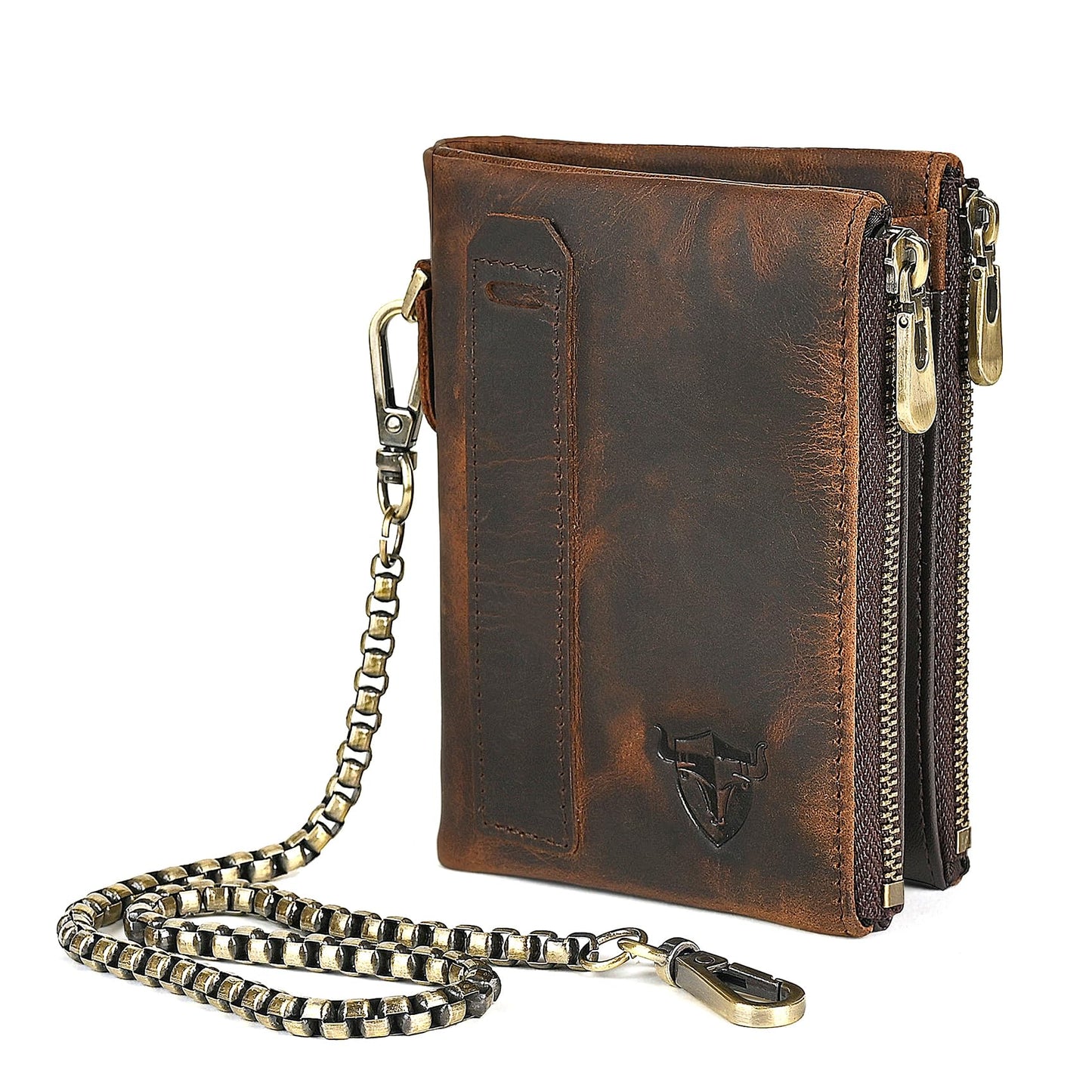 Handadsume Oil Wax Genuine Leather Travel Gift Coin Pocket Card Case Vertical Chain Rfid Wallet Purse With Snap For Men Male 1802 (Brown)