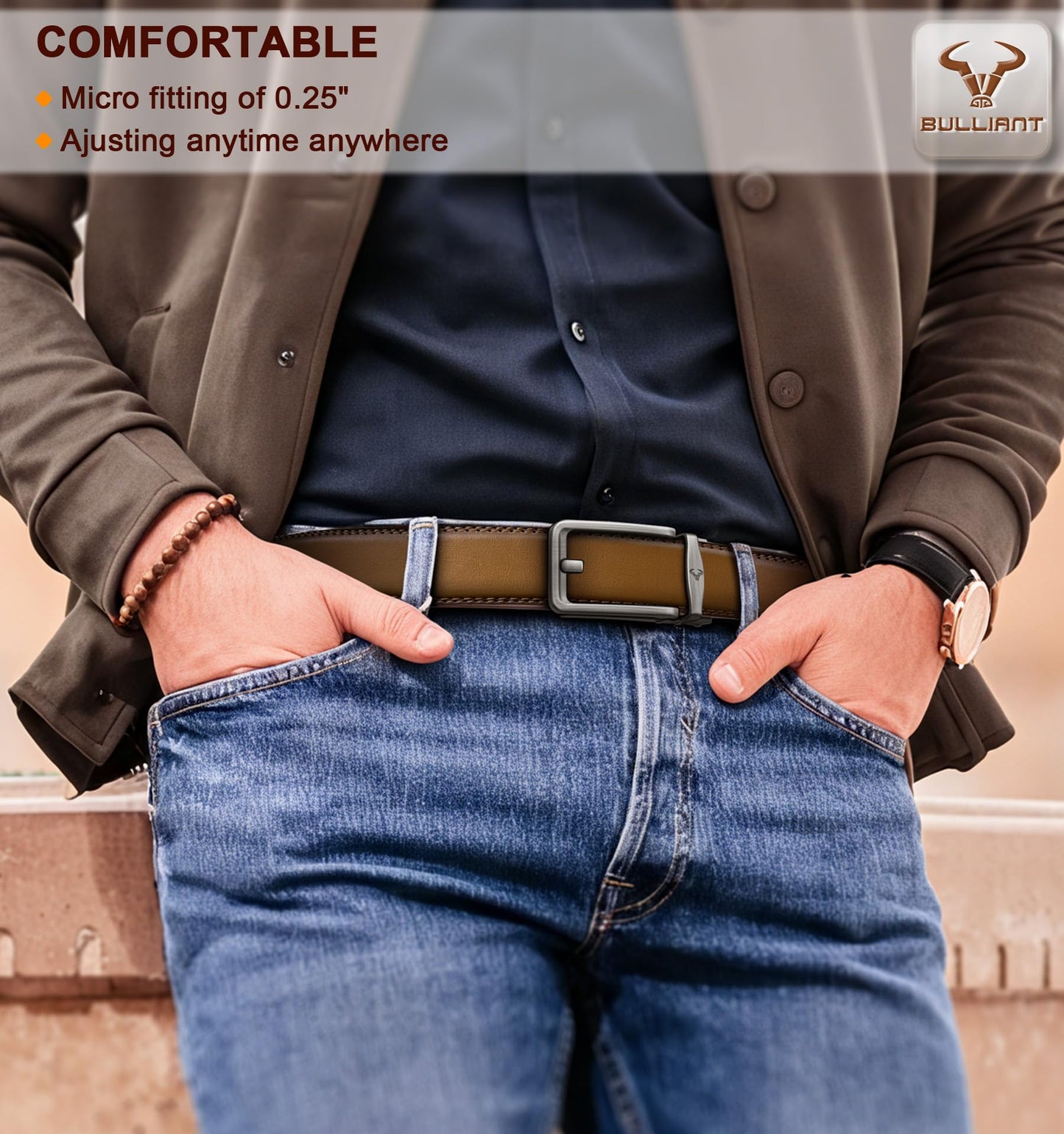BULLIANT Men Ratchet Belt 2 Pack, Click Sliding Leather Belt Adjustable for Gift Men Dress Casual Jeans 1 3/8,Cut for Fit(Black/Tawny,32"-38" Waist Adjustable)
