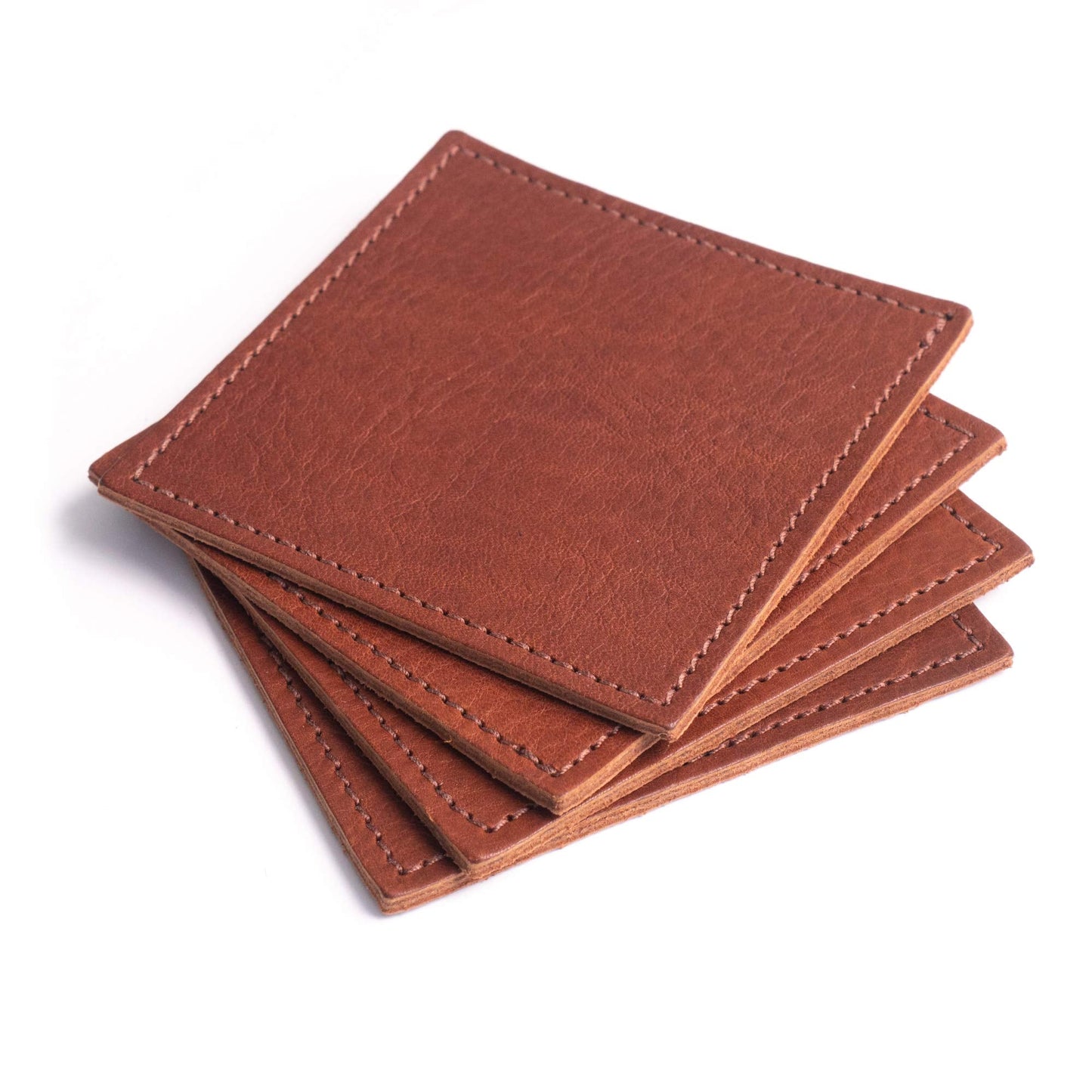 American Made Leather Coasters - Premium Full Grain Leather, Double Layered Square Rustic Brown Coaster Set, 4”x4” - Handmade in The USA - Set of 4