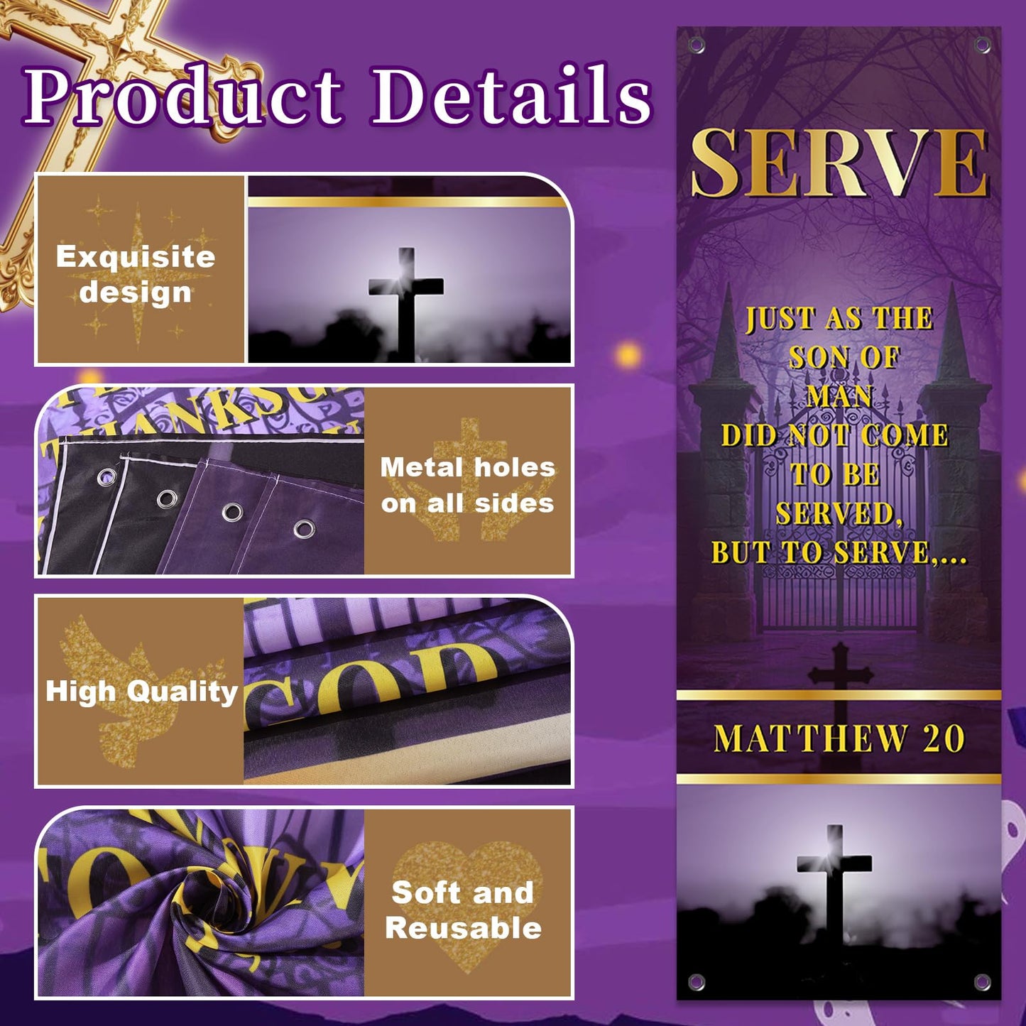 4Pcs Church Banners for Sanctuary Wall Welcome Religious Banners Serve Grow Love Pray Hanging Backdrop Purple Church Hanging Signs Scripture Bible Verse Banner for Holiday Sunday School Decor