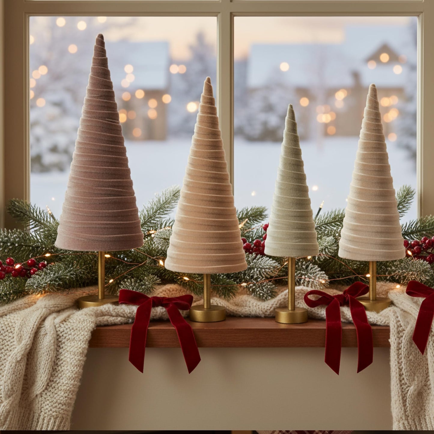 Hoolerry 4 Pcs Christmas Velvet Trees with Gold Pedestal Modern Rustic Christmas Velvet Cone Trees Minimalist for Mantel Table Centerpiece Entryway Home Winter Holiday Wedding Decor(Nude Tone)