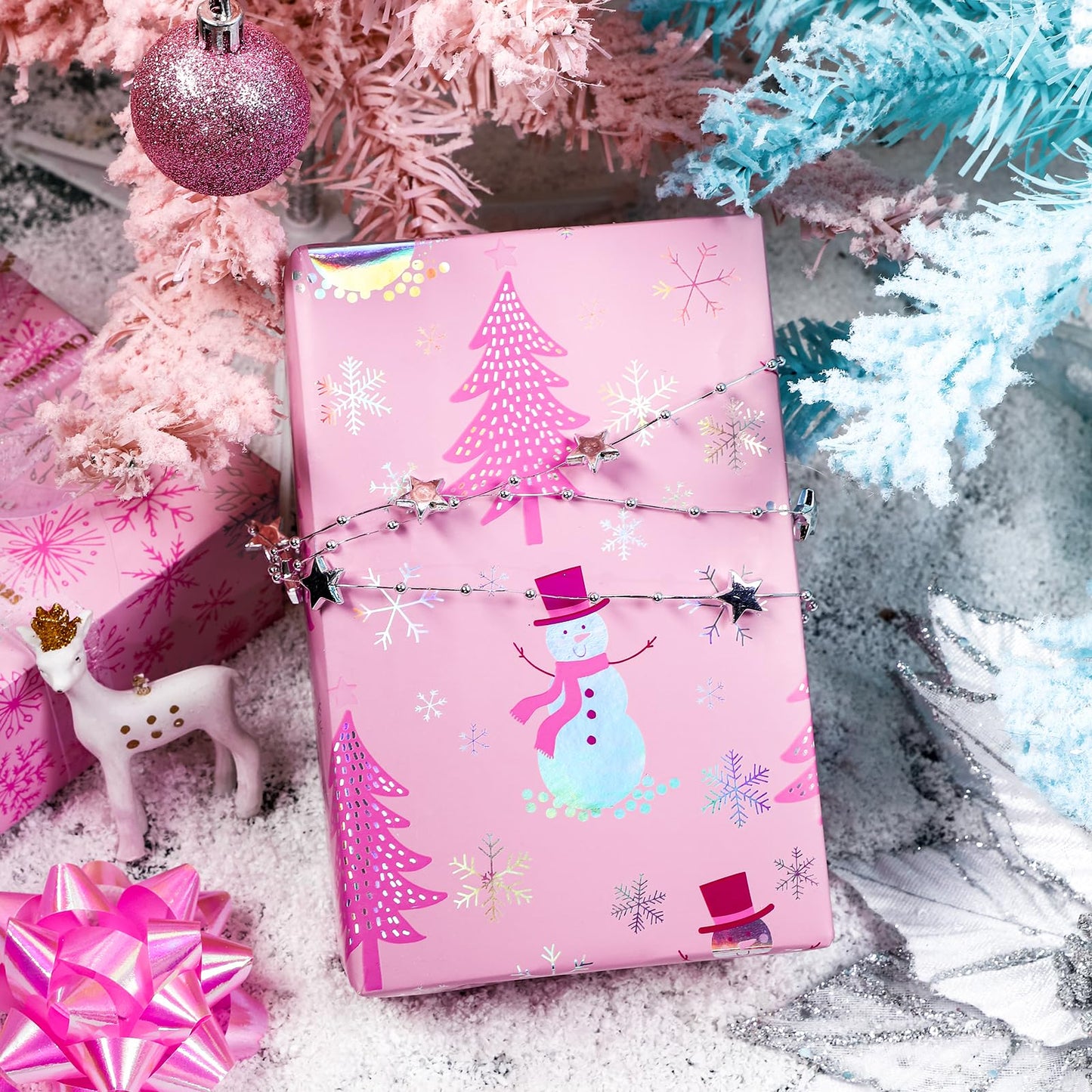 LeZakaa Christmas Pink Wrapping Paper Mini Roll, Snowman Christmas Tree & Snowflake Metallic Foil, Rose Gold Foil Reversible Design for Festive Winter Holiday, Family Gathering, 17 inches x 32.8 Feet