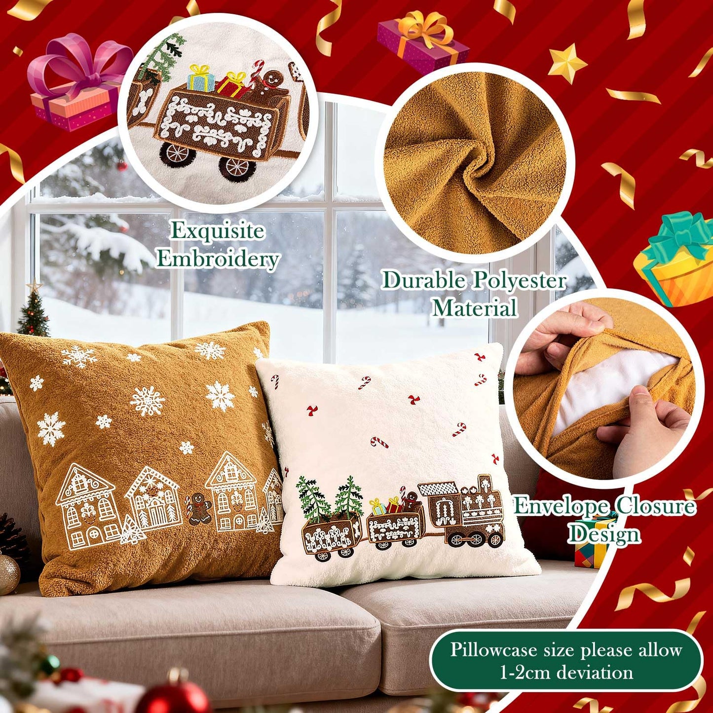 Lanpn 18x18 Christmas Pillow Covers Set of 2, Embroidery Gingerbread Man House Decorative Holiday Pillowcase Pillow Case Cushion 18 x 18 for Indoor Home Bedroom Sofa Couch Xmas Decor