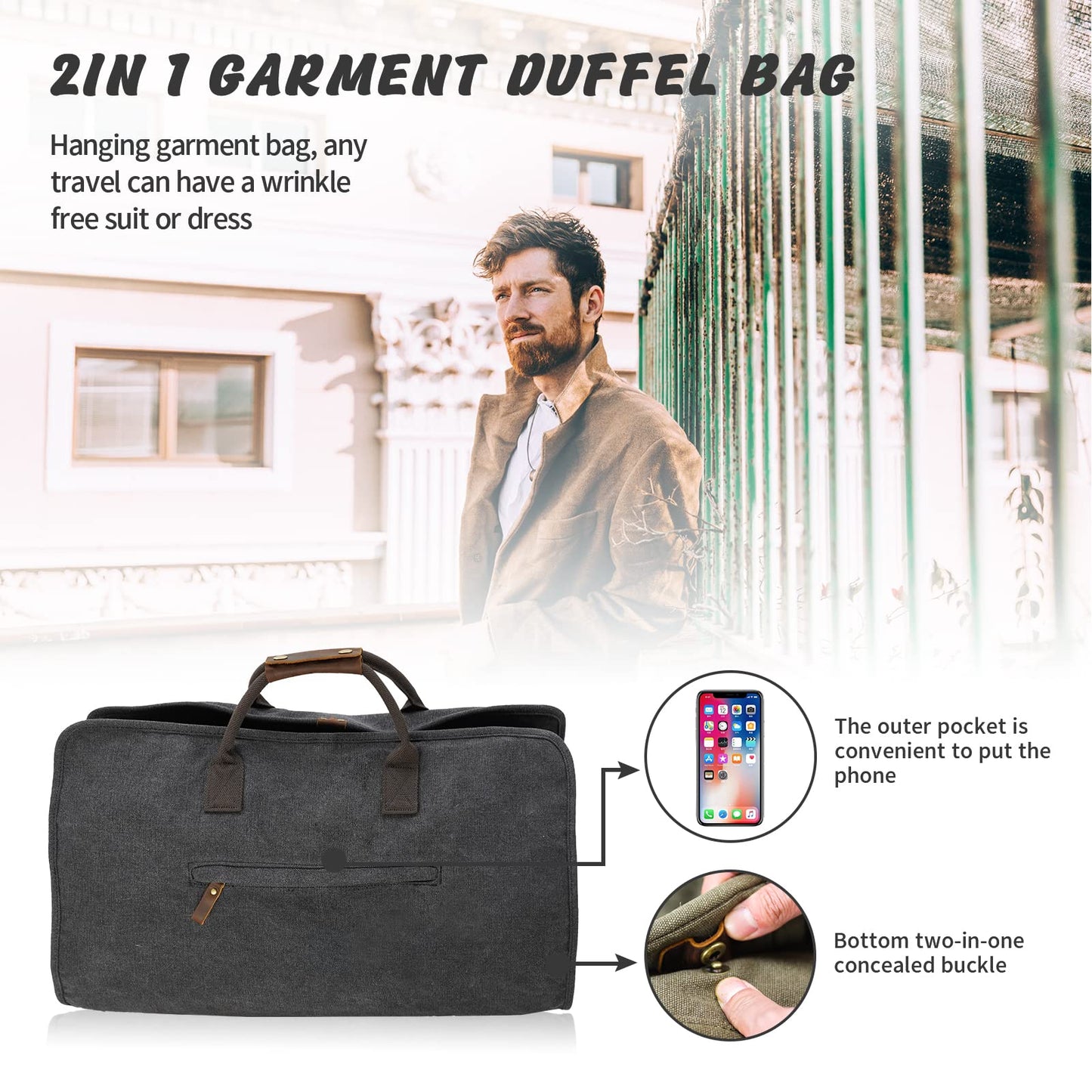 2 in 1 Suit Garment Duffle Convertible Carry-on Bag With Canvas Leather Shoulder Strap for Travel, Business Trips, Storage - Hangding Suit, Clothes, Dresses, Shoes (Black)
