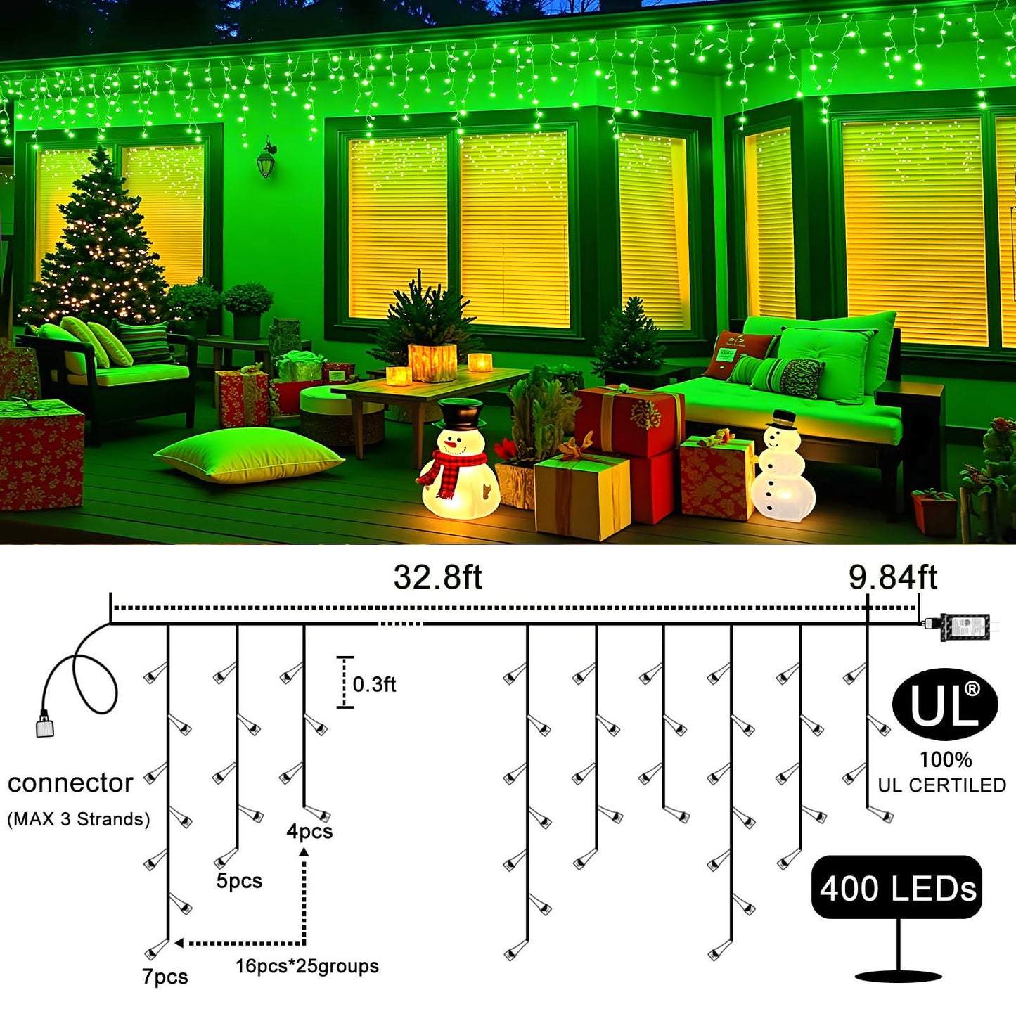 400 LED Icicle Christmas Lights Outdoor - 33FT Icicle Lights for Outside 8 Modes with 75 Drops, Plug in Waterproof Connectable Fairy String Lights for Indoor Holiday Party Christmas Decoration,Green