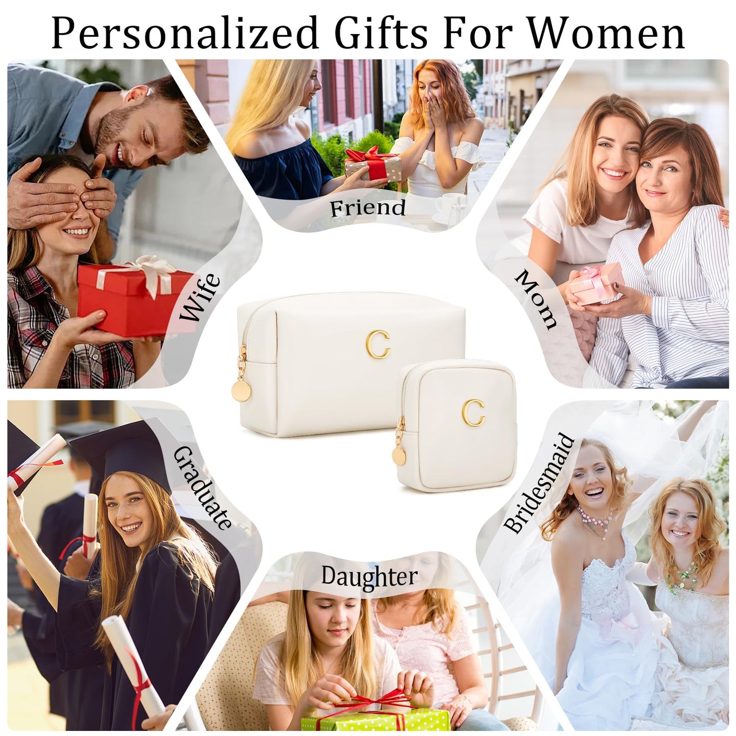 CLOUDWINGS Personalized Birthday Gifts for Women - Initial Makeup Bag Set Travel Toiletry Bag Cosmetic Bags Soft Waterproof PU Leather Makeup Pouch Travel Essentials (C, 2pcs Beige)