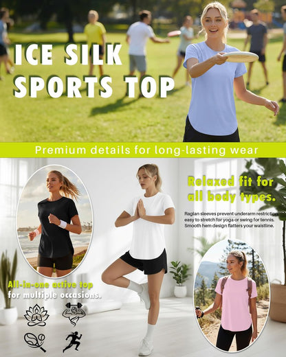 JoyMotion 4 Pack Women's Workout Shirts Quick Dry Athletic Tops Short Sleeve Loose Gym Yoga Running Tee Curved Hem Side Split(X-Large,Black, Sky Blue, Light Pink, White)