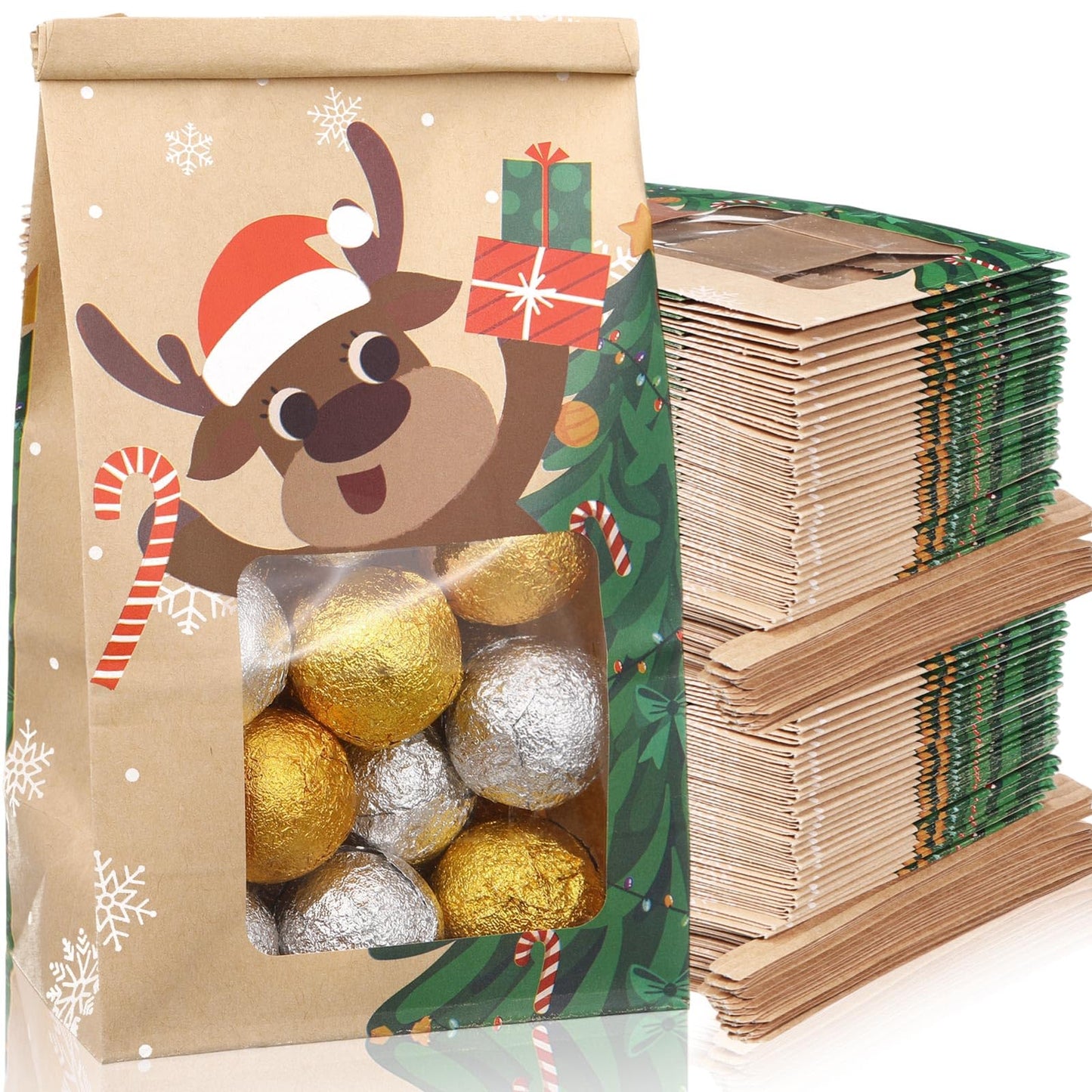 Fullhawl 120 Pcs Christmas Bakery Bags With Window, 4 x 2.36 x 6.7 Inch Tin Tie Tab Lock Small Xmas Kraft Paper Cookie Treat Popcorn Bags for Winter Holiday Party Favor