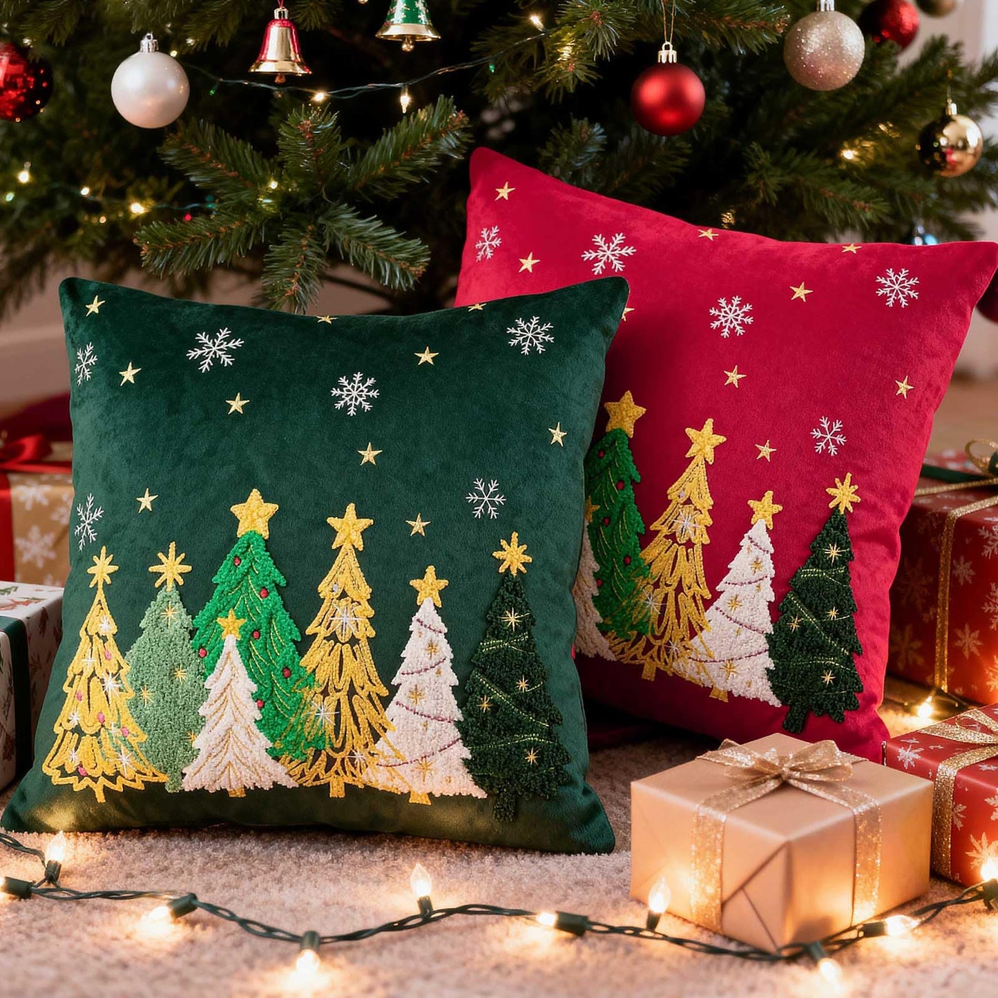 Lanpn 16x16 Christmas Pillow Covers Set of 2, Embroidery Cute Christmas Tree Decorative Holiday Pillowcase Pillow Case Cushion 16 x 16 for Indoor Home Bedroom Sofa Couch Xmas Decor