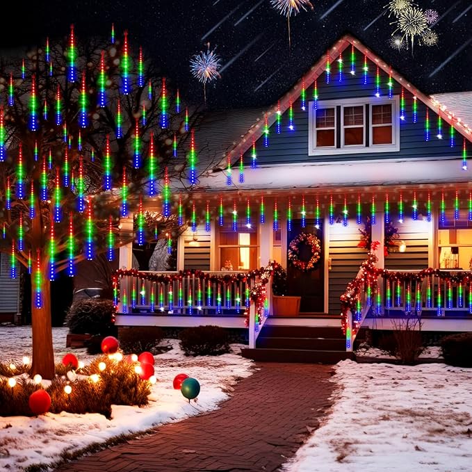 KNONEW 40 Tubes 1120 LED Meteor Shower Lights Christmas Lights Outdoor Plug in Waterproof Falling Rain Light for Xmas Tree Wedding Party Garden Holiday Rooftop Decorations (Multicolor)