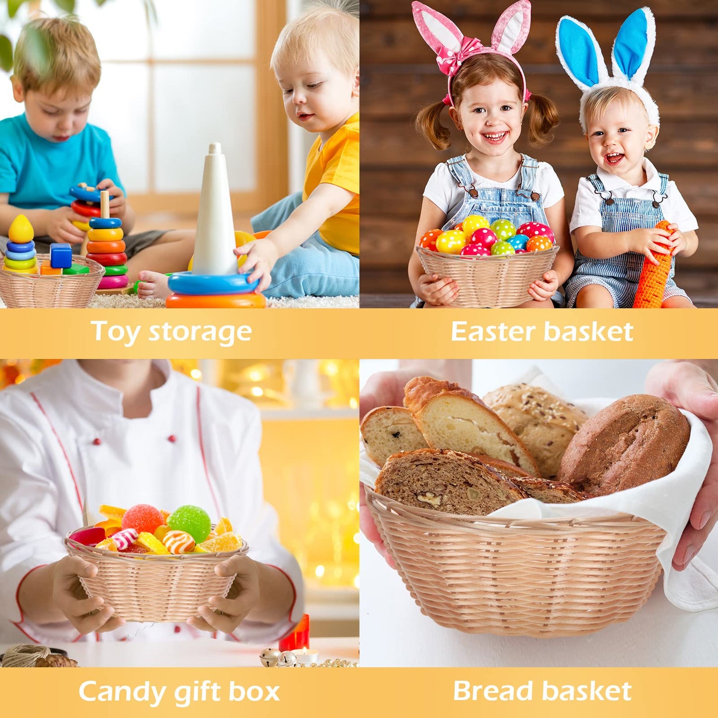Zopeal 12 Pcs 7'' Woven Bread Baskets Bulk Plastic Round Woven Small Baskets for Gifts Empty Bread Serving for Food Fruit Easter Kitchen Restaurant Centerpiece Display Christmas