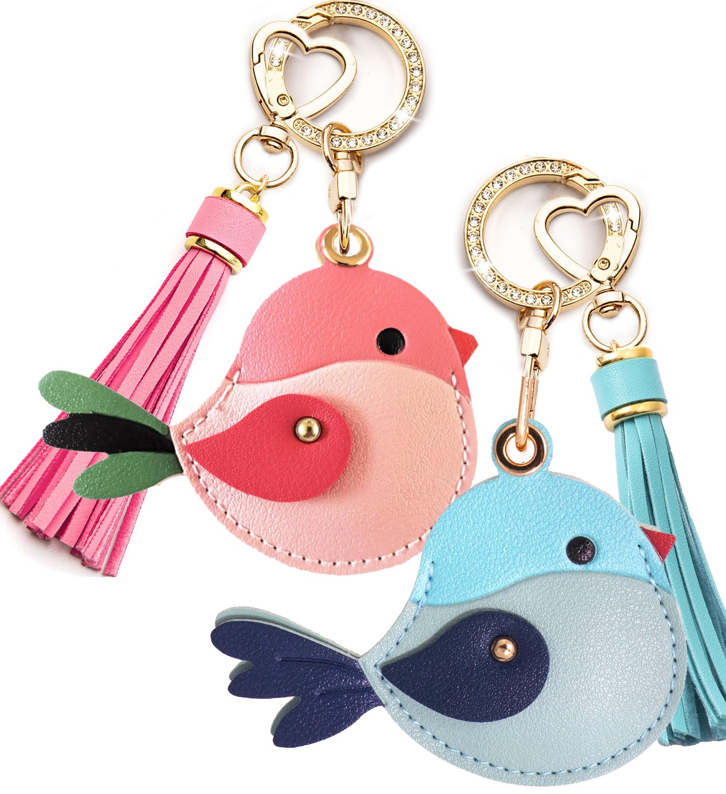 YOU WIZV Airtag Keychain Cute Bag Charms 2pc,Pink Leather Bird Purse Charms with Tassel Keychains, Couple Funny Car Key Chain Accessories