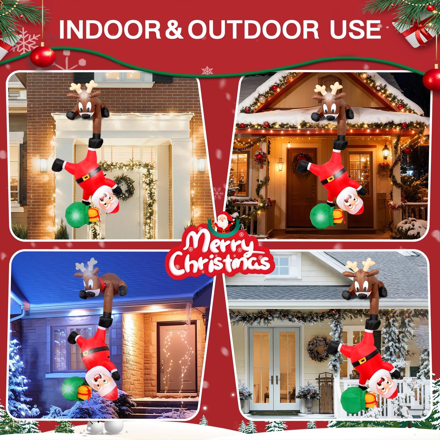 8FT Hanging Christmas Inflatables Decorations Outdoor，Blow Up Christmas Reindeer and Climbing Santa Claus with Built-in LEDs Lights for Indoor Holiday Party Yard Garden Lawn Décor