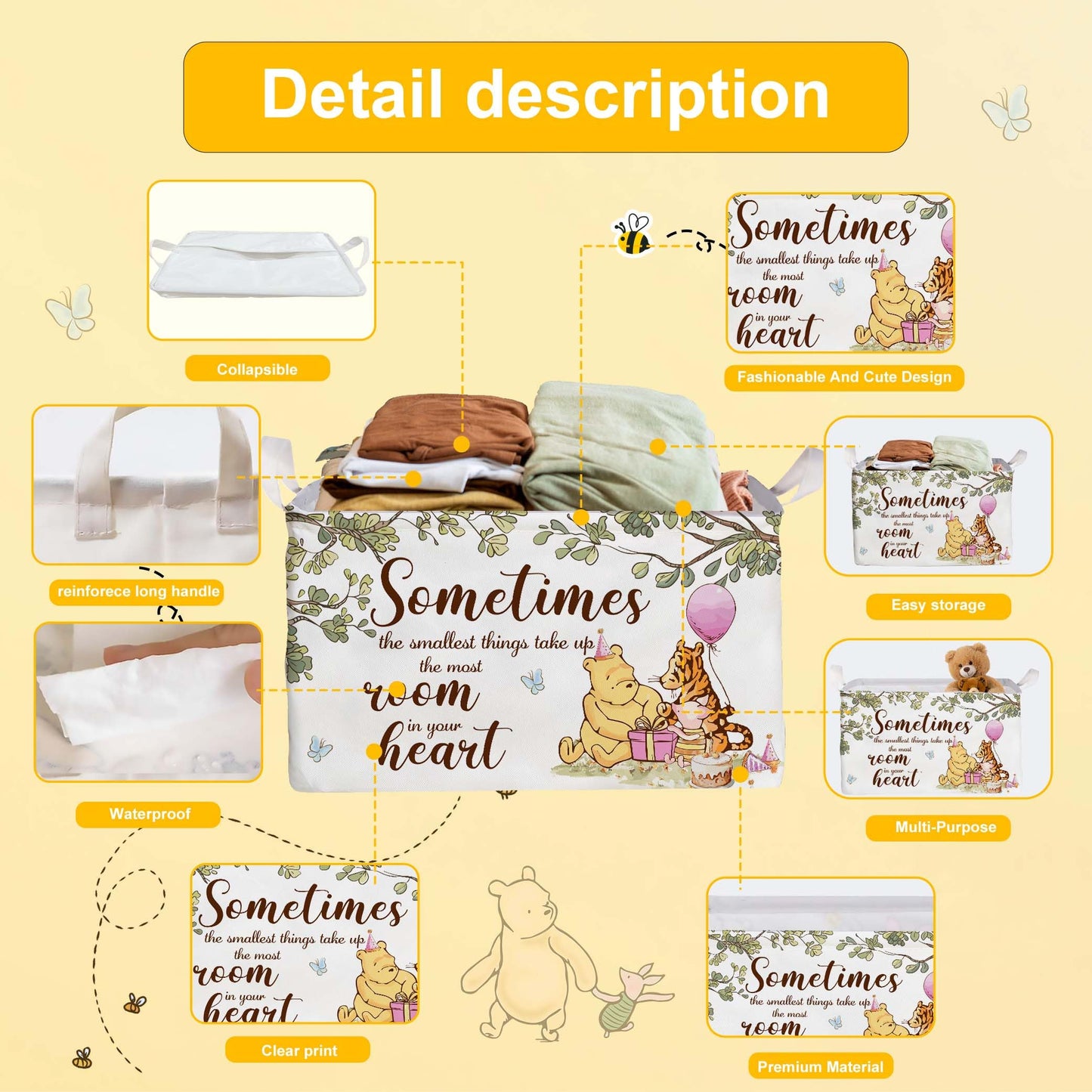 ZsaTuiy Winnie Nursery Decor, the Pooh Baby Stuff, Winnie Storage Nursery Basket, Large squarecanvas Laundry Hamper With A Waterproof PECoating, Foldable, Toys Bin, Baby Nursery HamperDecor, Star