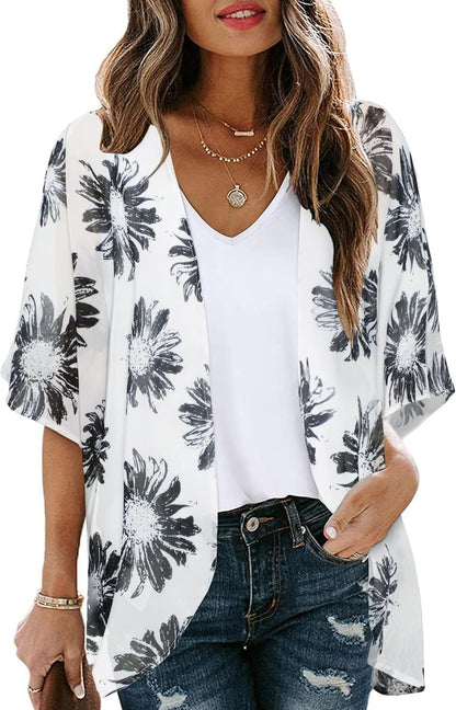 Floral Print Puff Sleeve Kimono Cardigan - Casual Loose Blouse Top for Women | Stylish Cover Up