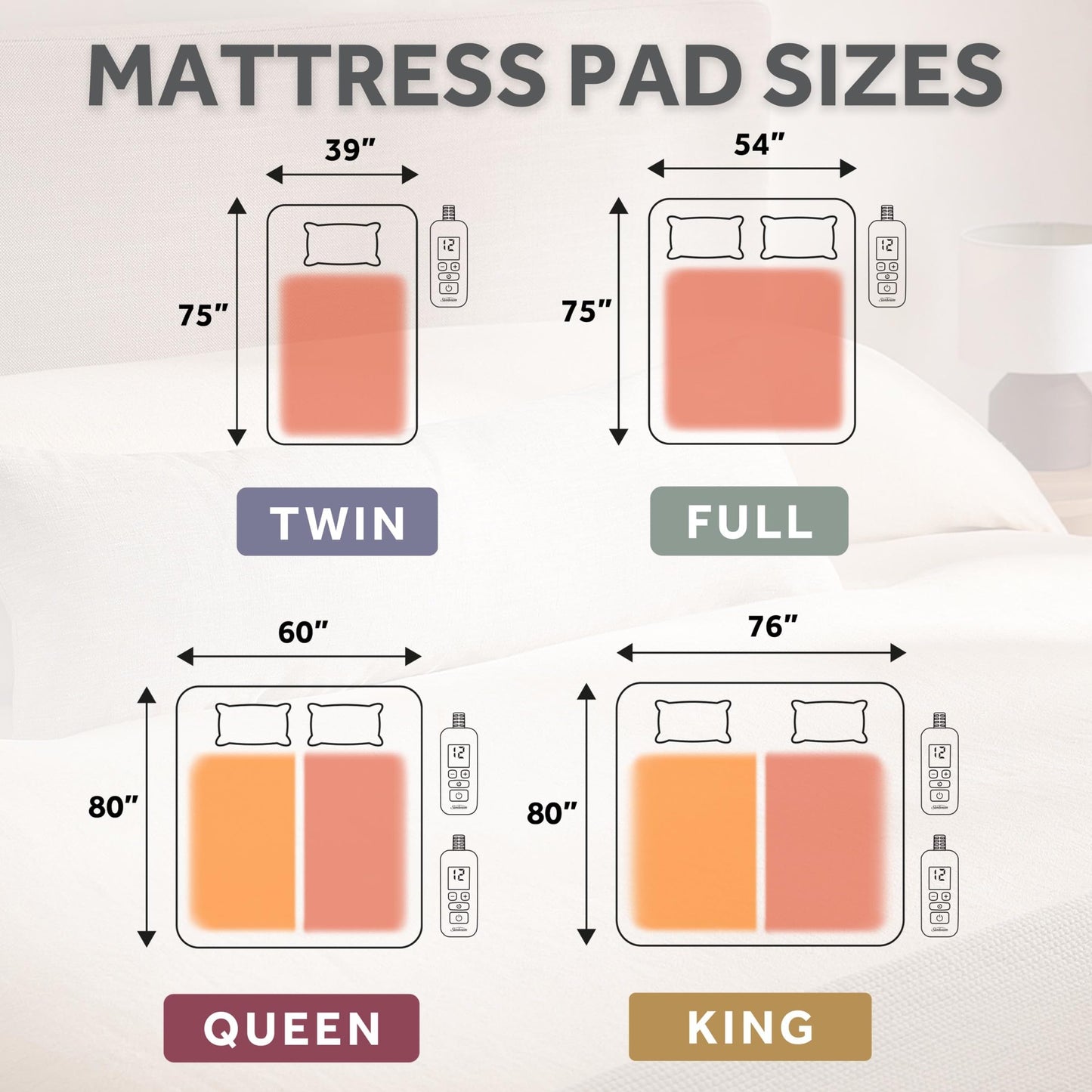 Sunbeam Premium Quilted Electric Heated Mattress Pad Twin 39" x 75" - 12 Heat Settings, 12-Hour Selectable Auto Shut-Off, Fast Heating, Warming Bed, Machine Washable, Extra-Soft Warm Cozy