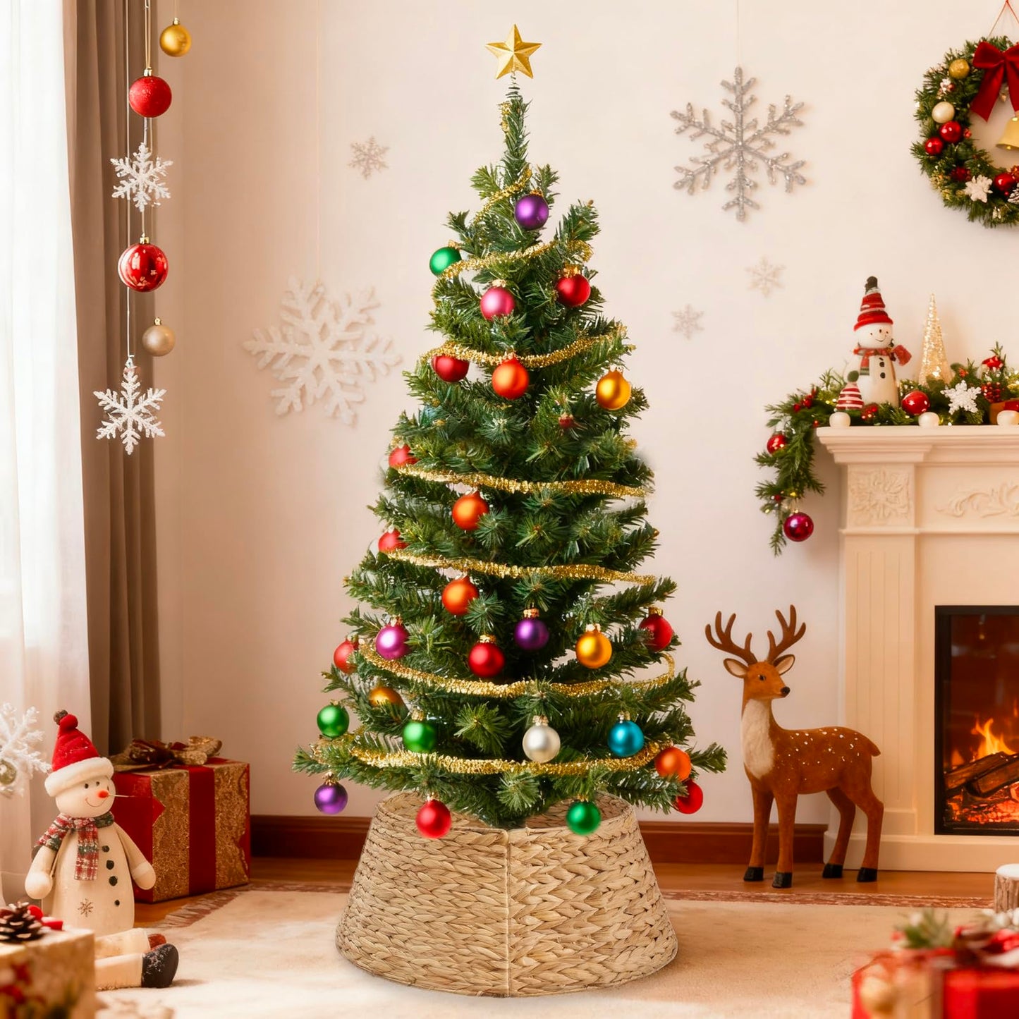 Sweetcrispy 24inch Christmas Tree Collar for 4-7ft Trees, Woven Hyacinth Rattan 4-Panel Collar w/Cord Access Hole & Easy Lock Design,Handwoven Natural