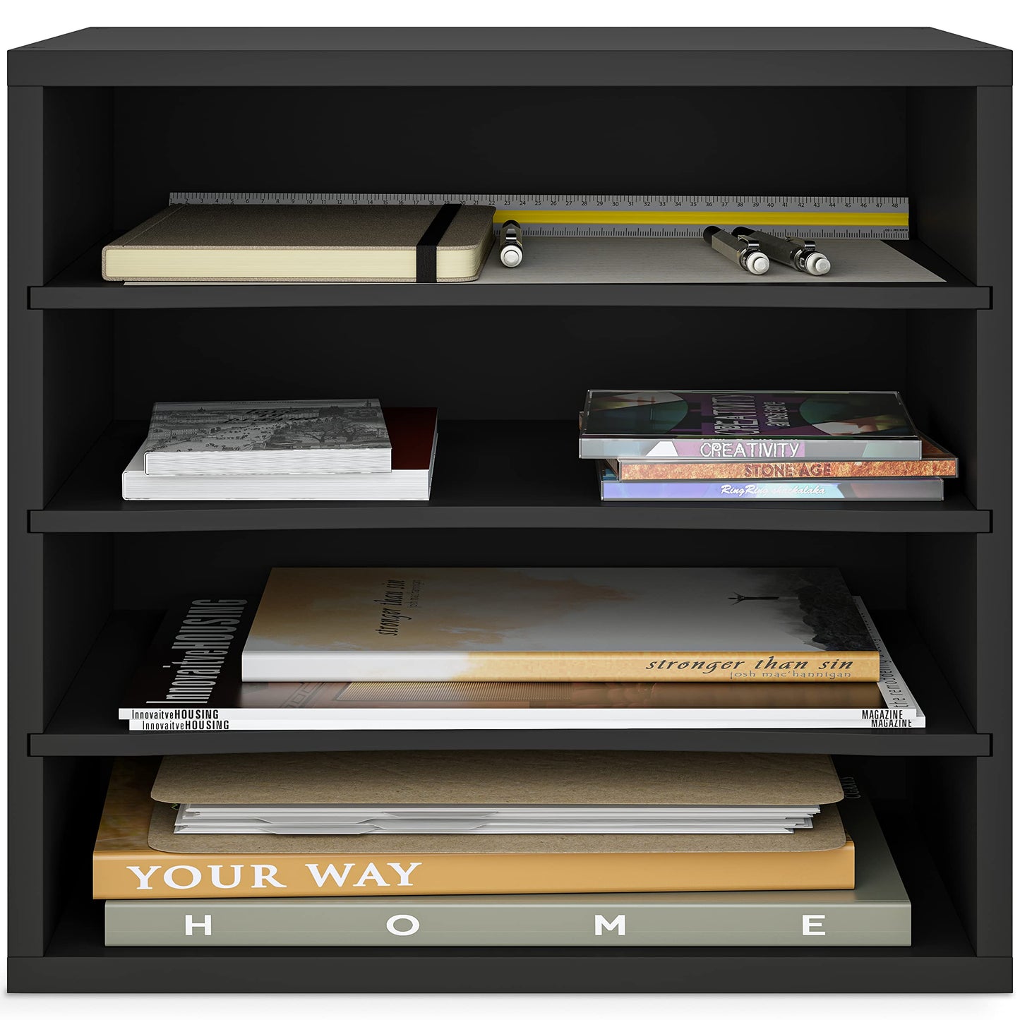 Ballucci 4-Tier Paper Organizer for Desk, Stackable Tray, Desk Storage Organizer Shelves, Stacking Letter Paper Tray Sorter for Classroom Office, Black