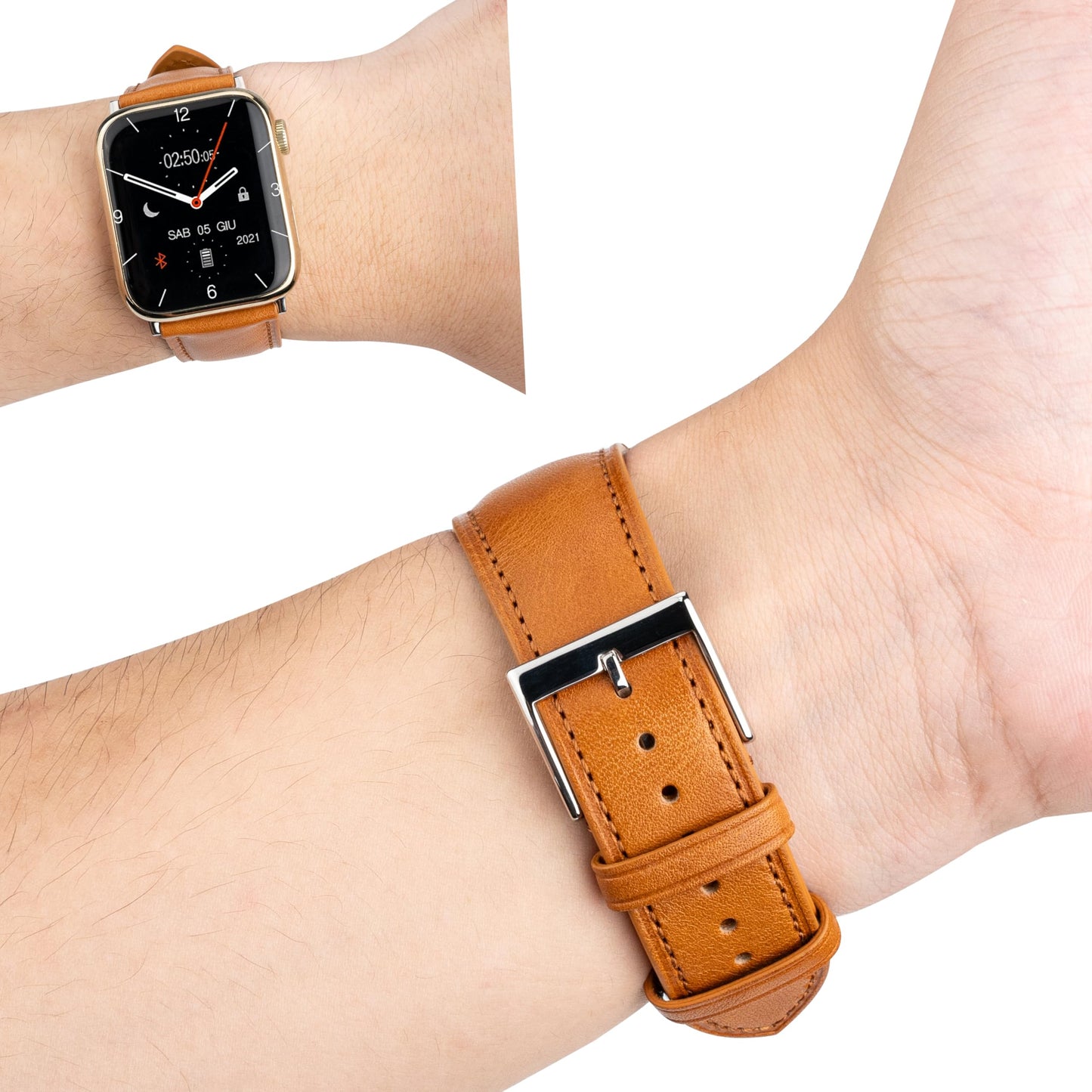 Gomvadr Leather Bands Compatible with Mens Apple Watch Band 42mm 44mm 45mm, Replacement Band Leather Strap for Men's iWatch Series 9 8 7 6 5 4 3 2 1 SE3/2/1 (Yellow/Silver Buckle, 45mm/44mm/42mm)