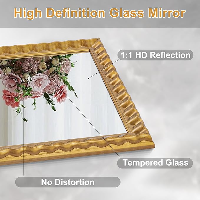 Large Gold Mirrors for Dining Room Decor, 51'' X 27'' Antique Gold Mirror with Textured Wavy Wood Frame, Rectangular Mirror for Living Room, Bathroom, Bedroom, Entryway