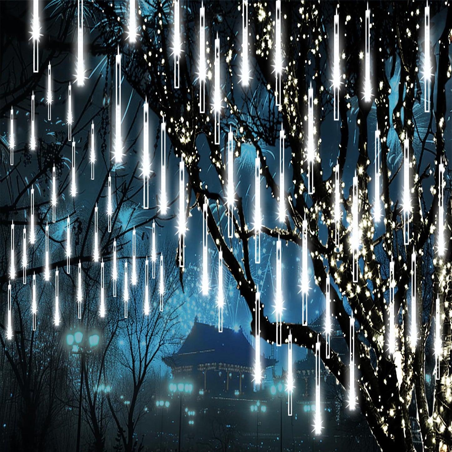Meteor Shower Lights Outdoor Christmas Lights 24-Tube 576LEDs Snow Falling Rain Cascading Icicle String Light for Xmas Tree Christmas Decorations Wedding Party Holiday Yard Garden Decor, UL Plug White