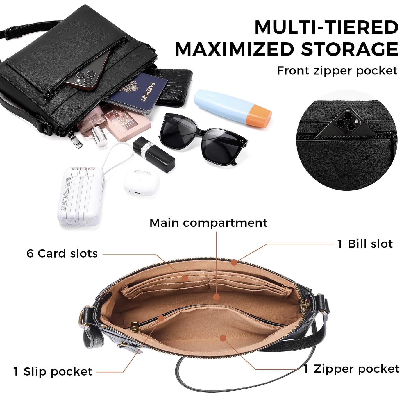 Morriloom Genuine Leather Crossbody Purses for Women Travel Small Cross body Bag with Built in RFID Wallet Adjustable Shoulder Handbags