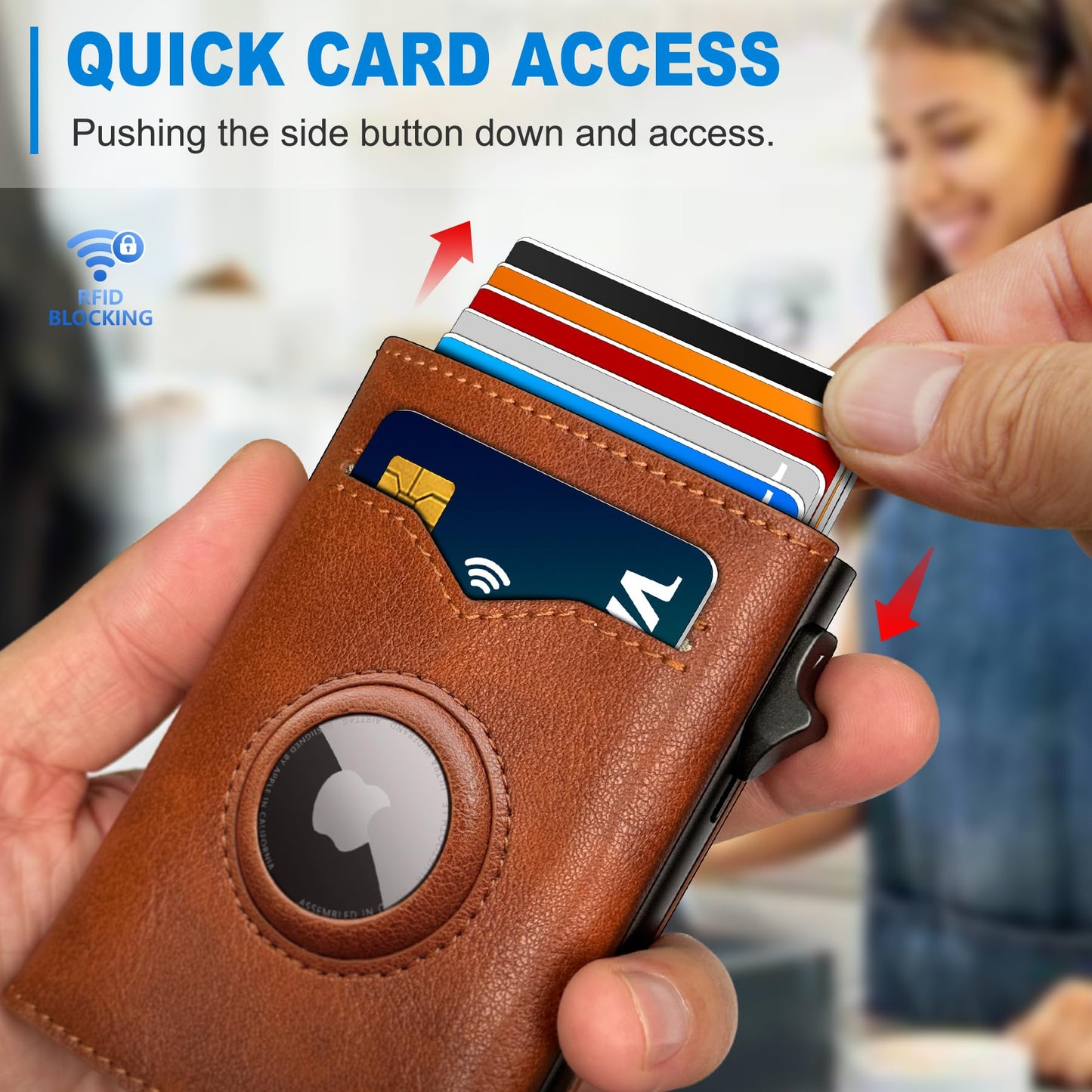 miyozi Airtag Wallet for Men,with Cash Pocket 2 ID Window 9-12 Cards,Metal Case Smart Slim Pop Up Credit Card Holder Flip with Magnetic Closure RFID Blocking Trifold wallet with Gift Box