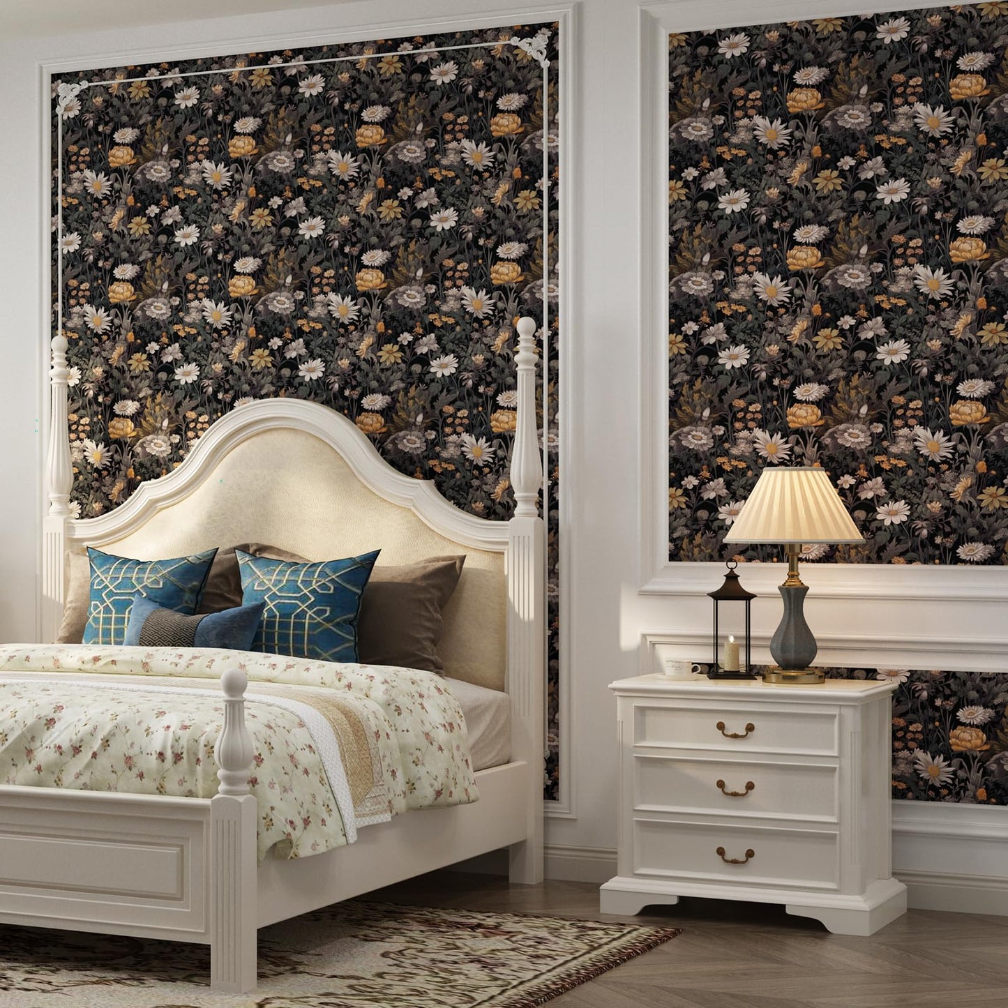 Black Floral Peel and Stick Wallpaper, Vintage Dark Botanical Contact Paper, Gold Daisy Self Adhesive Vinyl Wall Paper Waterproof&Removable Renter Friendly Wallpaper for Bedroom Cabinet 15.7"x 197"