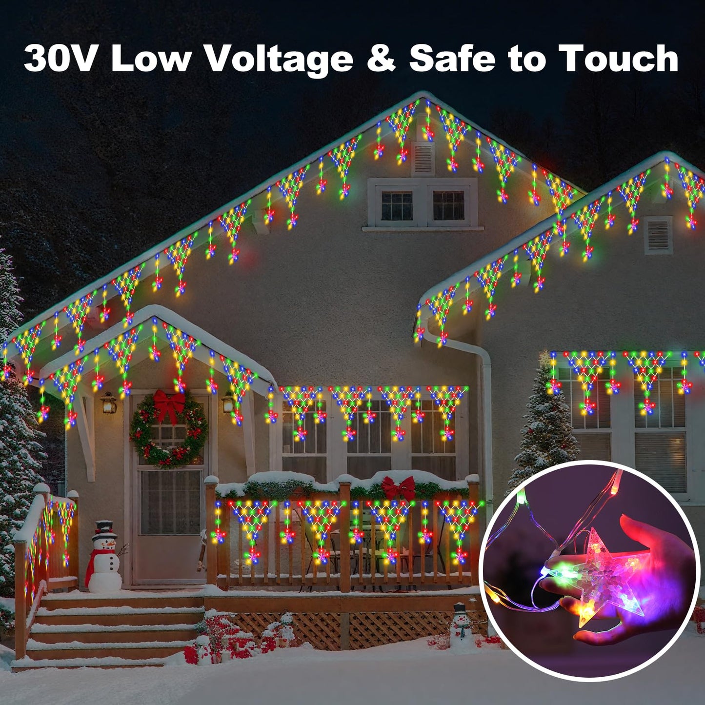 Ramadan Outdoor String Lights Waterproof, 218 LED 13.8FT Star Curtain Fairy Lights with 12 Drops Connectable Clear Wire Christmas Light Decorations 8 Modes for Eaves Yard Wedding Party Holiday Decor