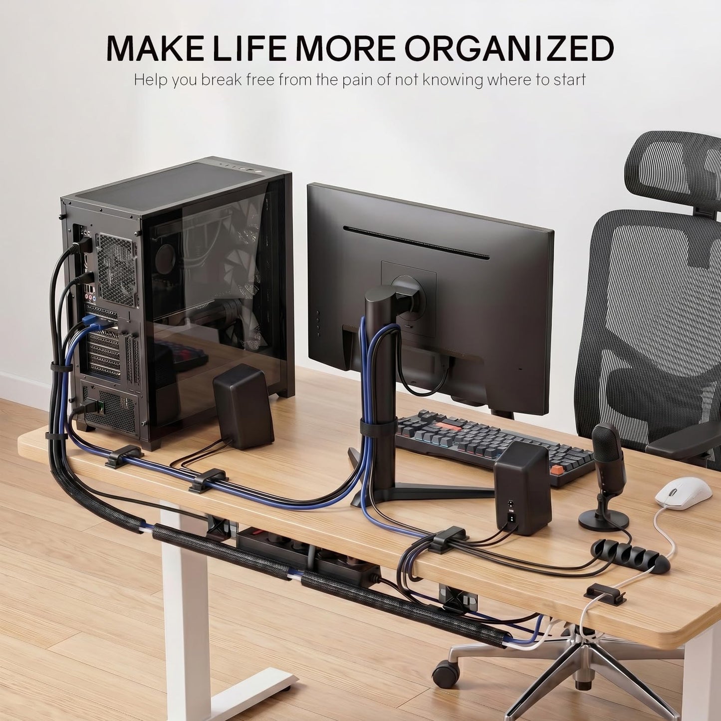 285 PCS Cable Management Kit - 4 Cable Sleeve Split, 50 Adhesive Cable Clips, 9 Cable Holder, 2 Roll Cable Organizer Straps, 200 Cable Zip Ties with 20 Mounts, for Computer TV Under Desk - Black