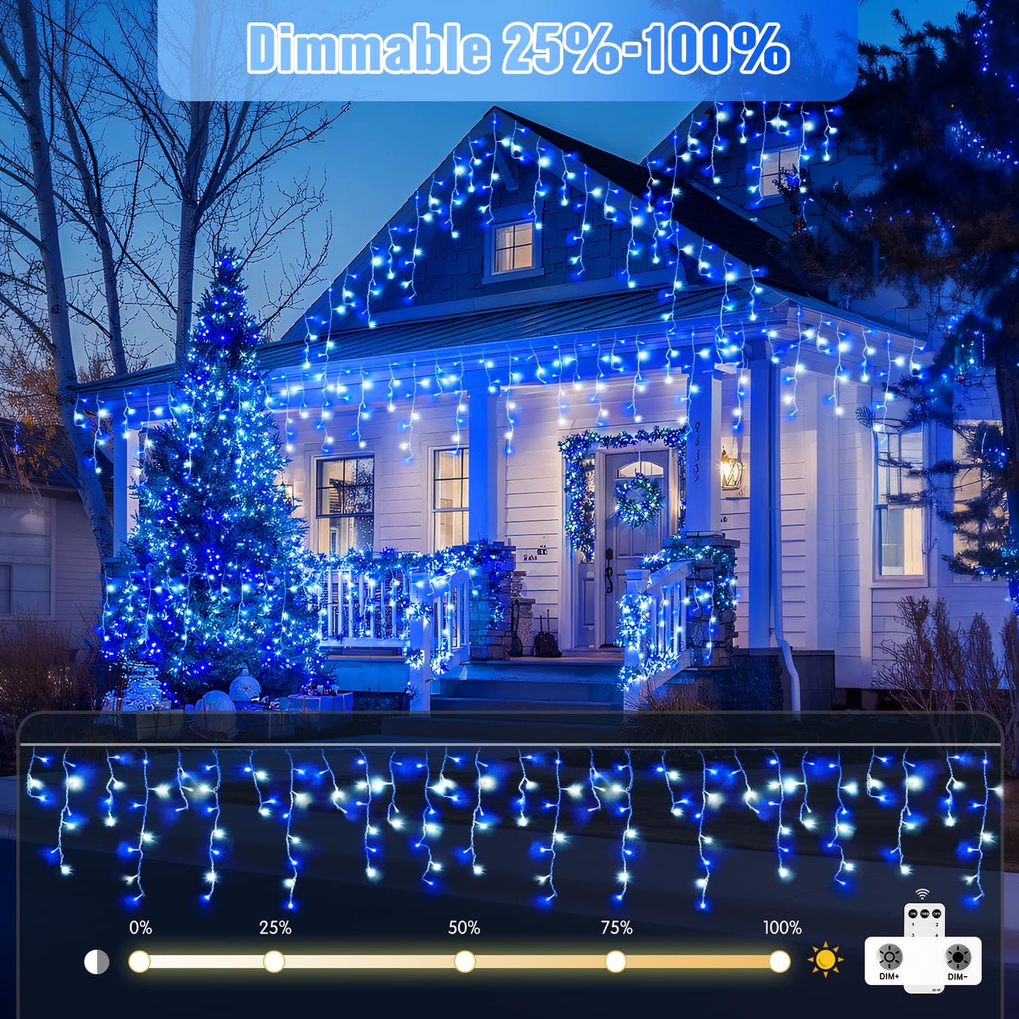 JMEXSUSS Blue&White Icicle Lights - 38.8FT 400 LED Icicle String Lights with Remote for Indoor/Outdoor, House, Bedroom, Fireplace, Birthday, Christmas Decorations