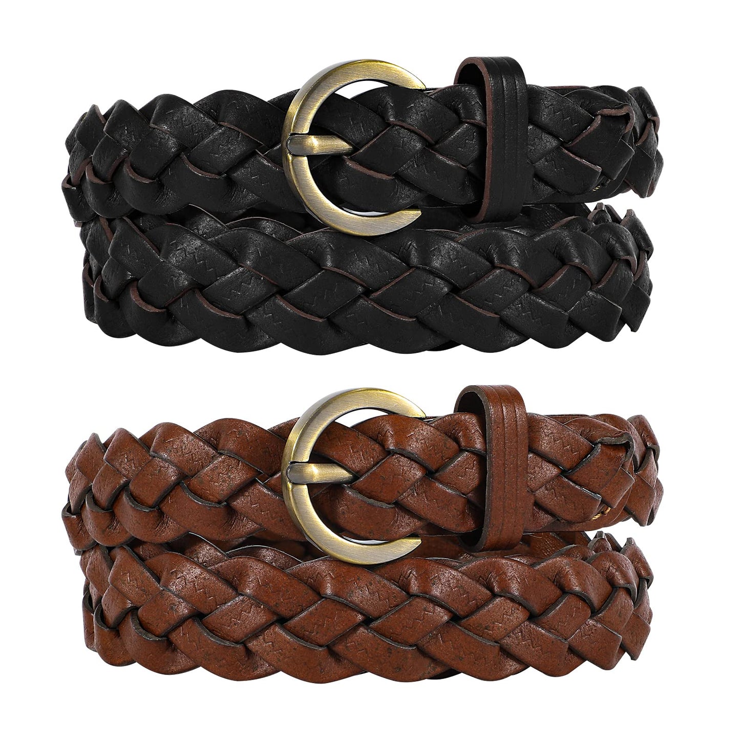 XZQTIVE 2 Pack Women's Braided Leather Belts Casual 0.9" Skinny Woven Belt for Jean Pant