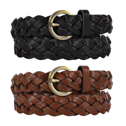 XZQTIVE 2 Pack Women's Braided Leather Belts Casual 0.9" Skinny Woven Belt for Jean Pant